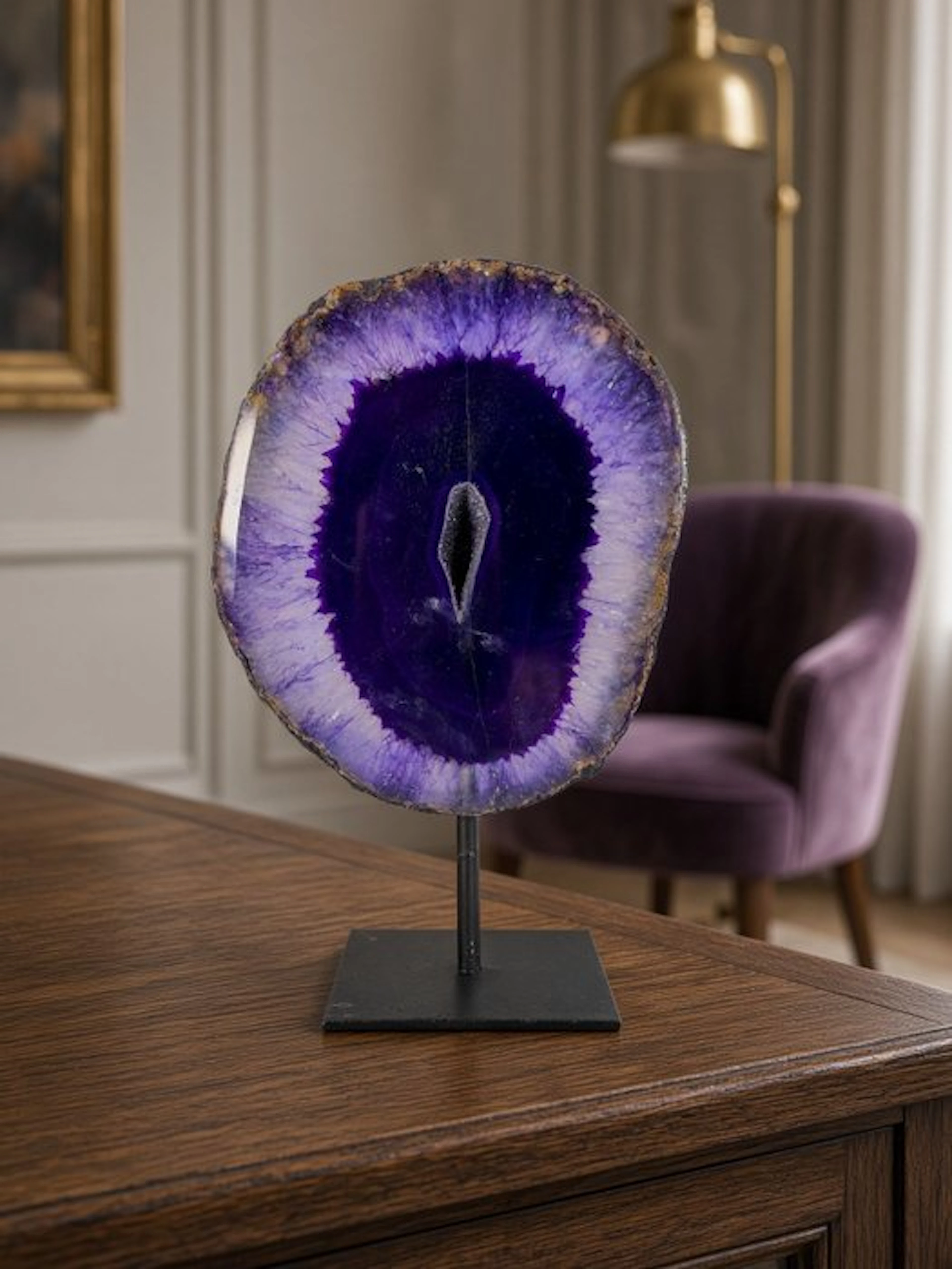 Unique purple colored agate slice on stand Polished...