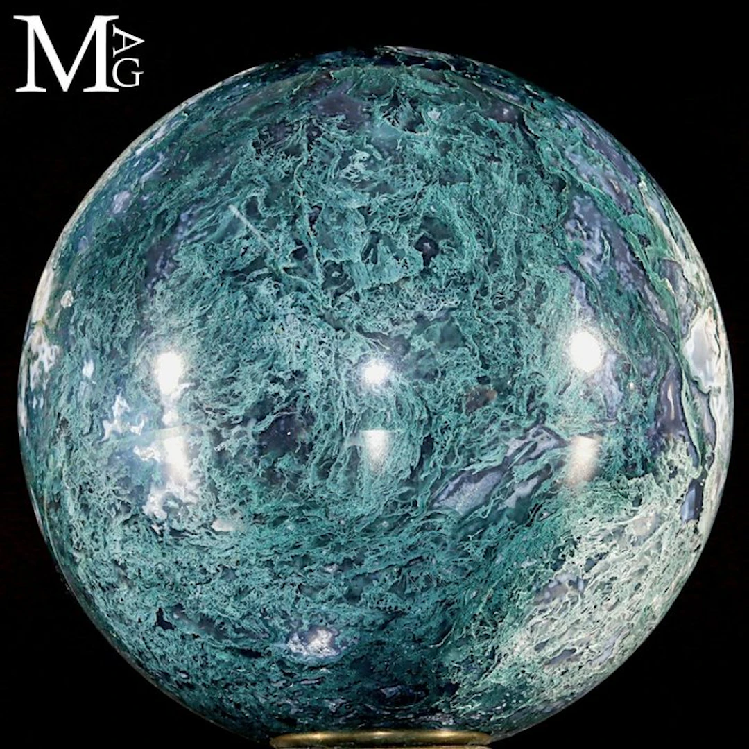 First-Quality Moss Agate Sphere with Vivid Green Moss...