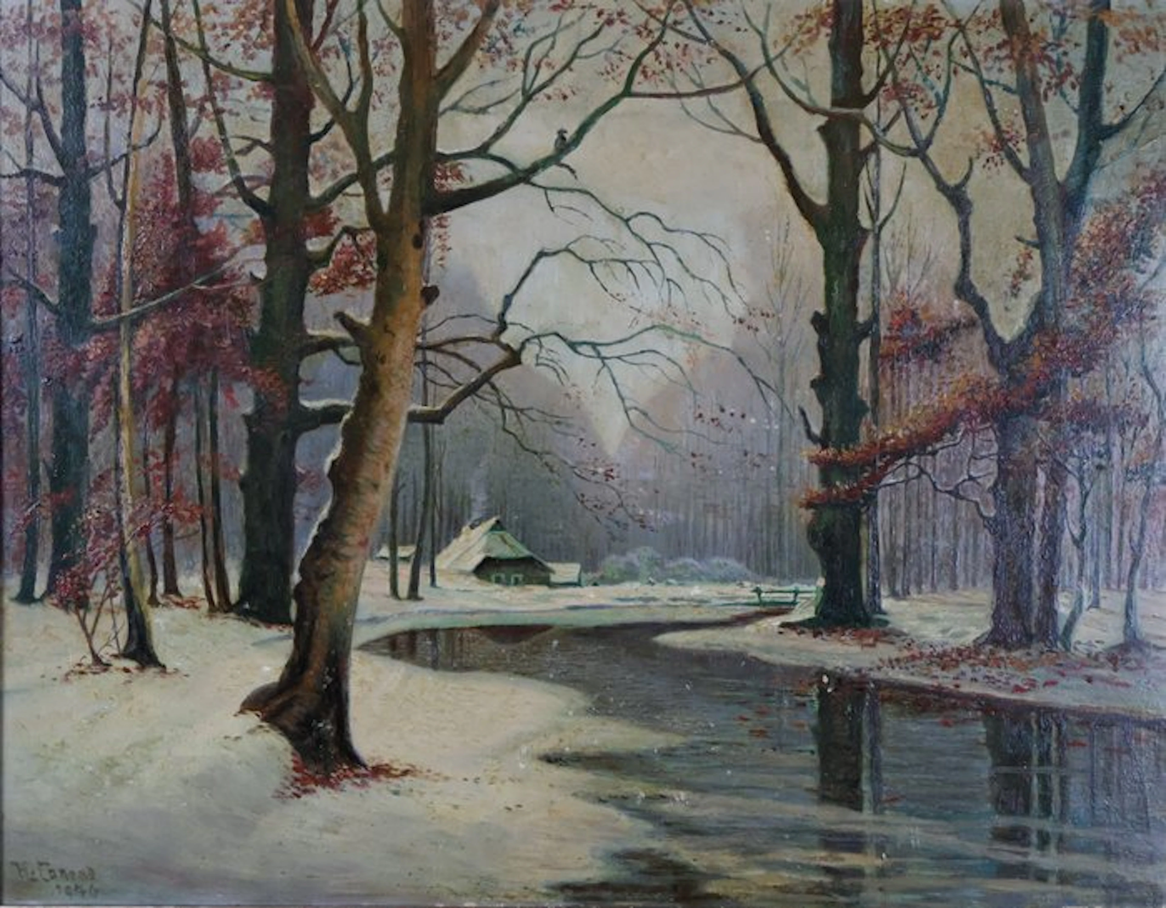 H. Conrad (XX) - Winterwald mit Bach und Forsthaus
