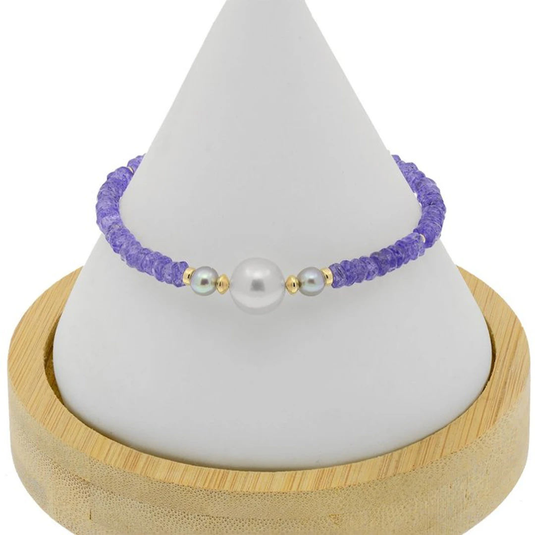 No reserve price - Bracelet - 18 kt. Yellow gold Pearl - Tanzanite