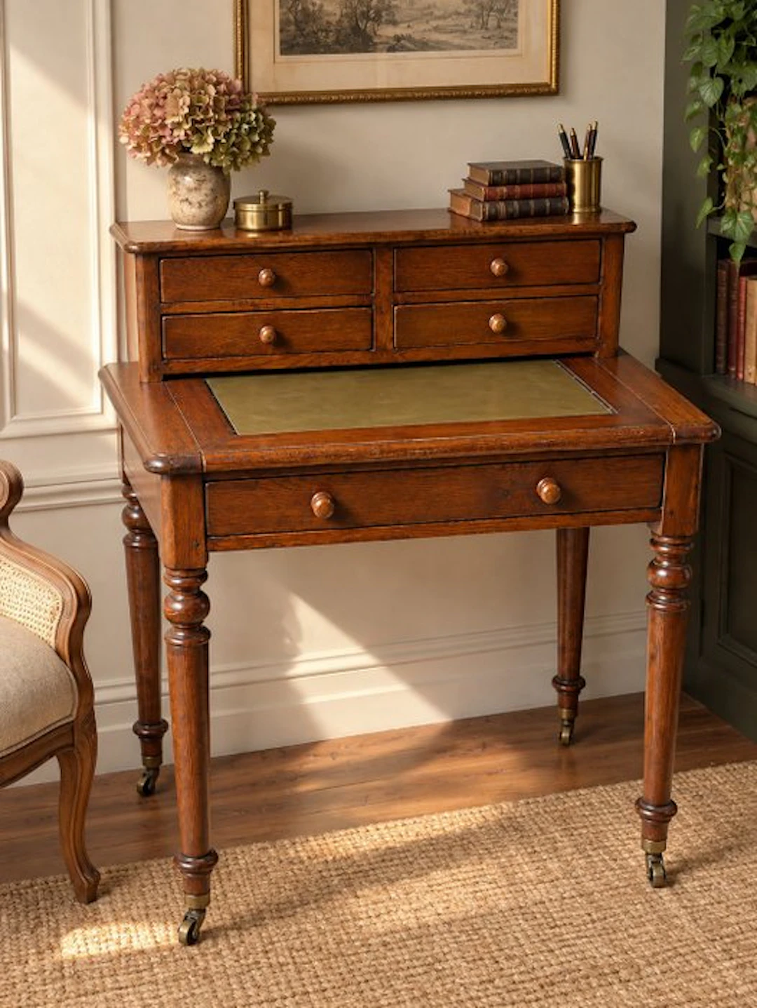 Desk - Oak, Leather, metal hardware - antique writing desk