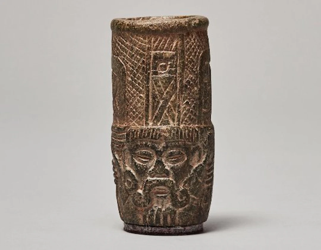 Pre-Columbian - Maya Stone Face Cylinder Vessel With Spanish Export License