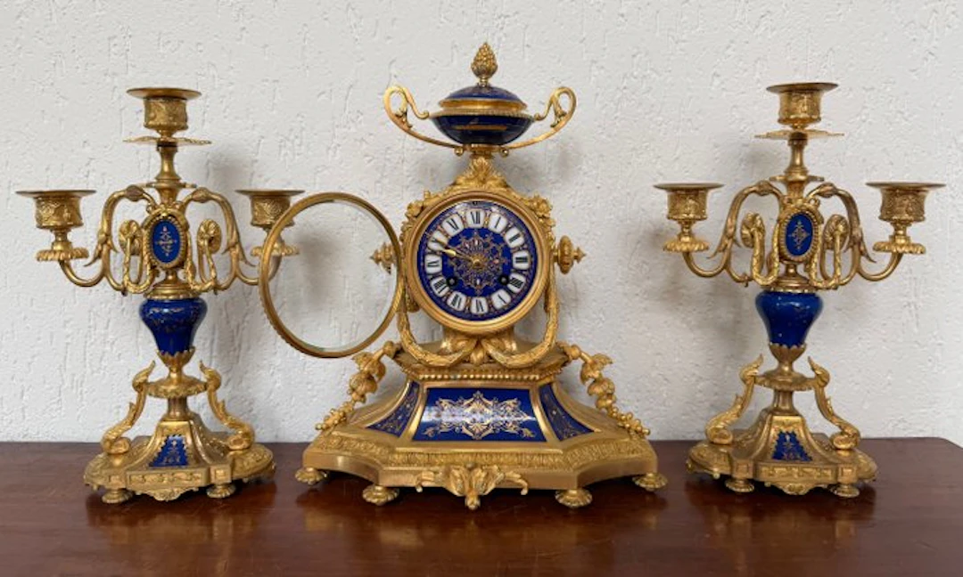 Clock (3) Napoleon III Bronze, Porcelain - 1850-1900 - Clock & two candelabras