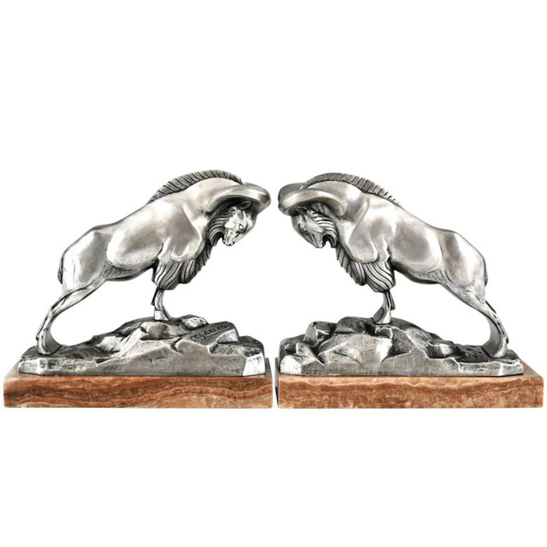 Patrouilleau gieterij - C. Charles - Bookends - Silvered bronze - Steenbokken