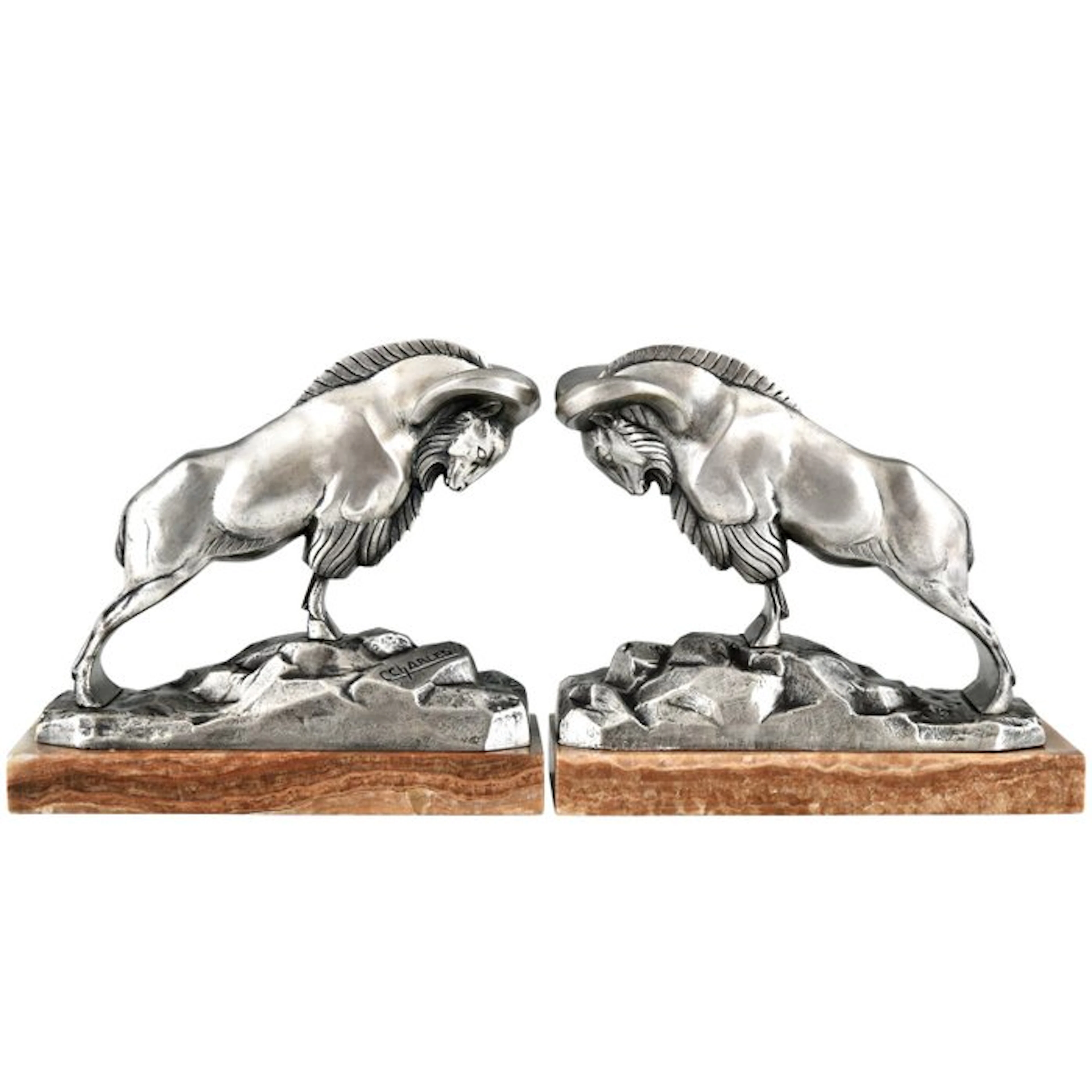 Patrouilleau gieterij - C. Charles - Bookends - Silvered bronze - Steenbokken