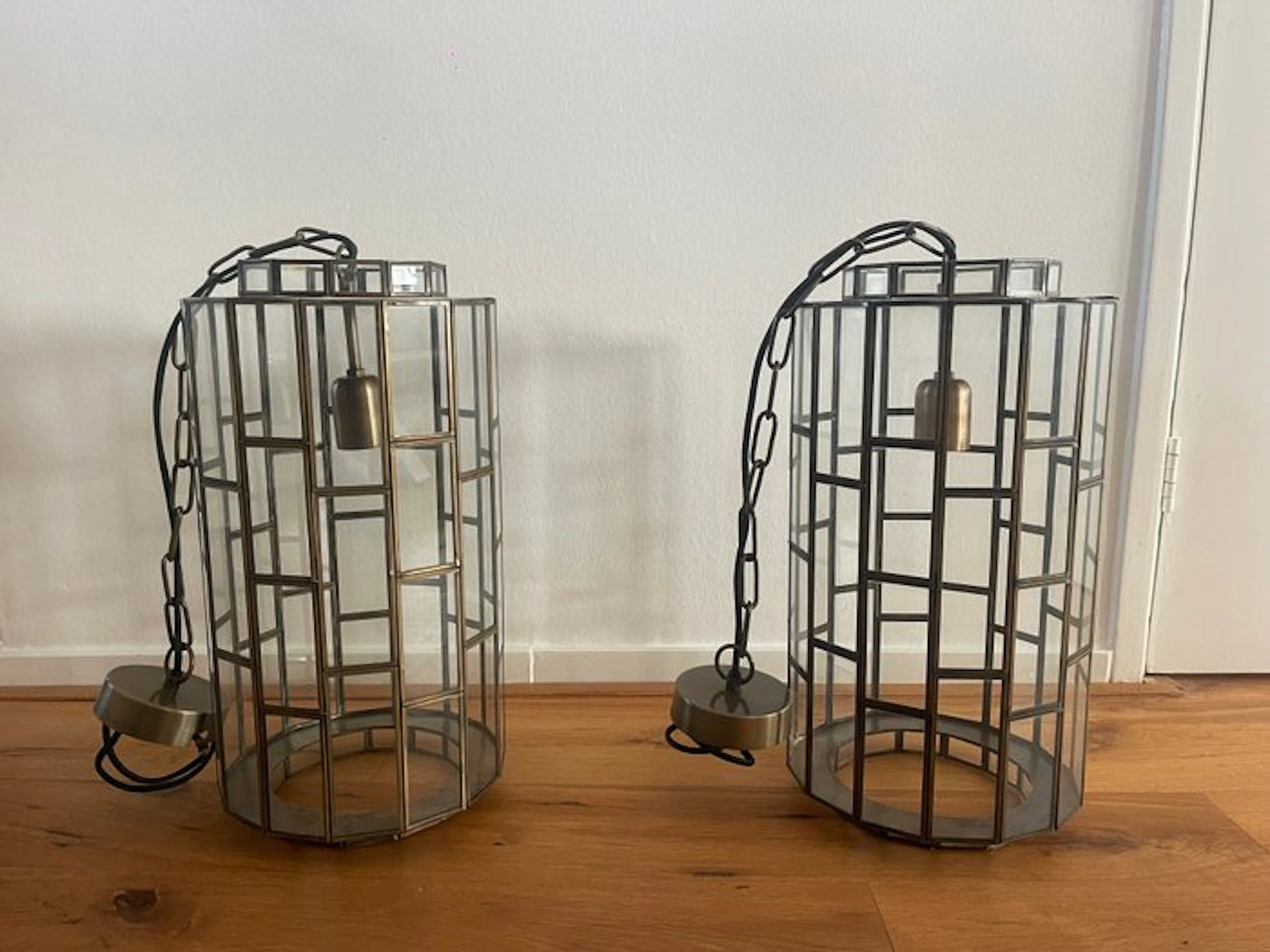 Caged ceiling lamp (2) - Glass, Steel, Brass - 2x geometric lanterns