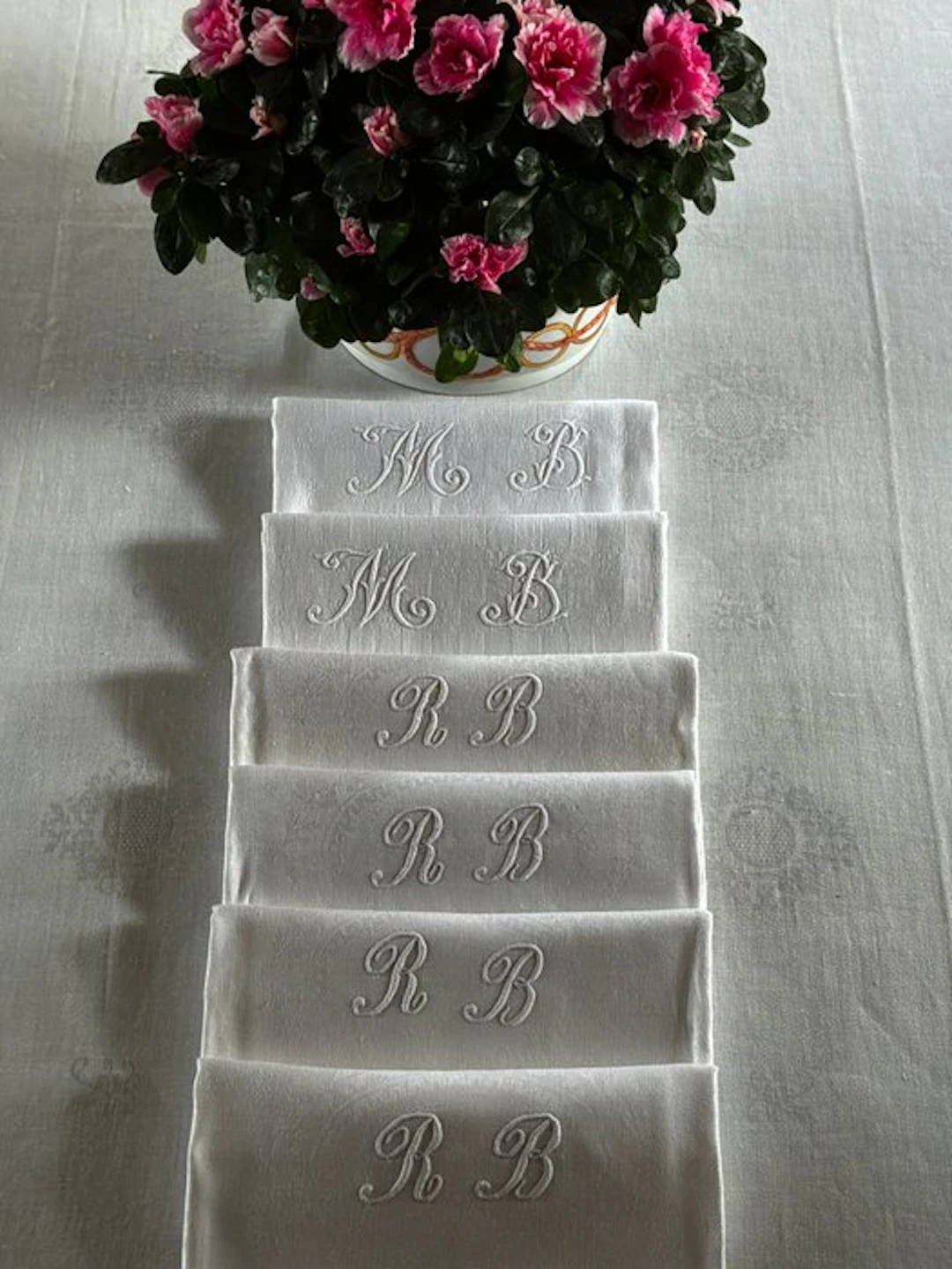 6 Early XXth Century Damask linen napkins with M.B