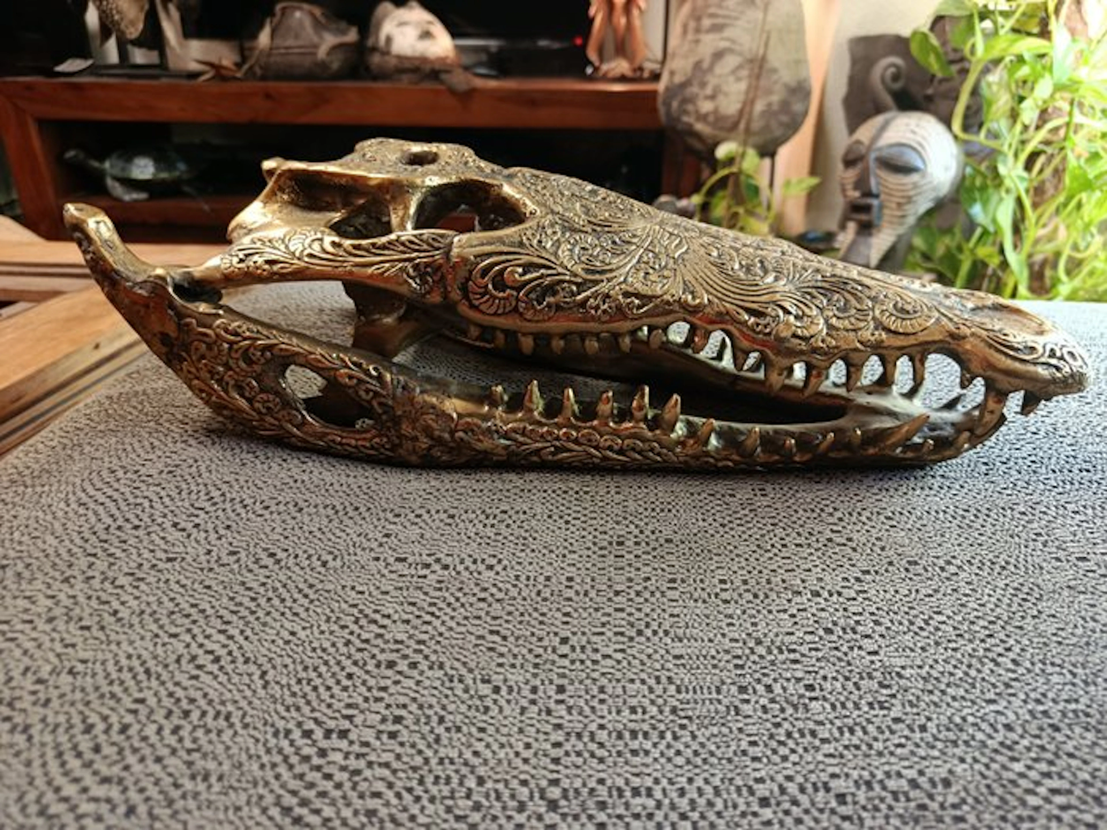 Sculpture, craneo de cocodrilo decorado - 35 cm - Bronze