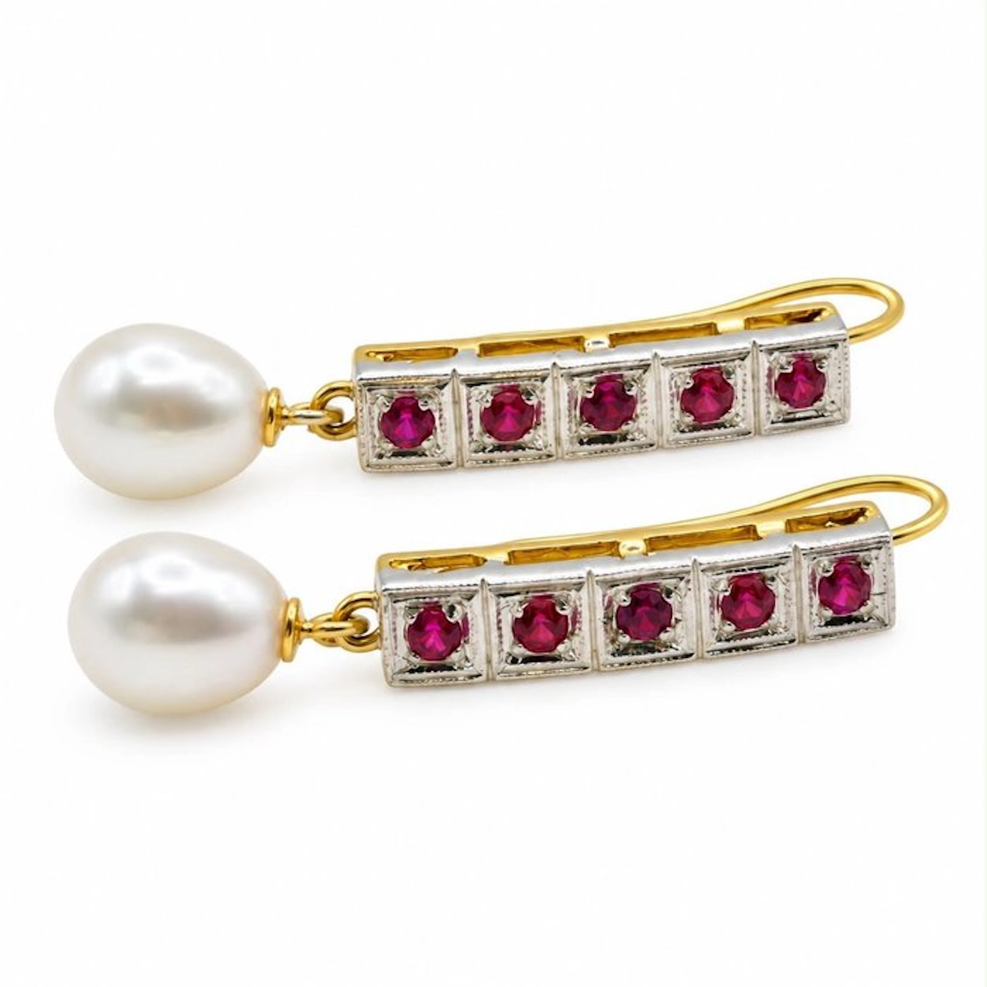 No reserve price - Earrings - 9 kt. Yellow gold, Silver Ruby - Pearl