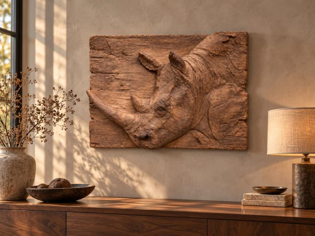 Relief, Neushoorn – expressief sculpturaal - 53.5 cm - Composite