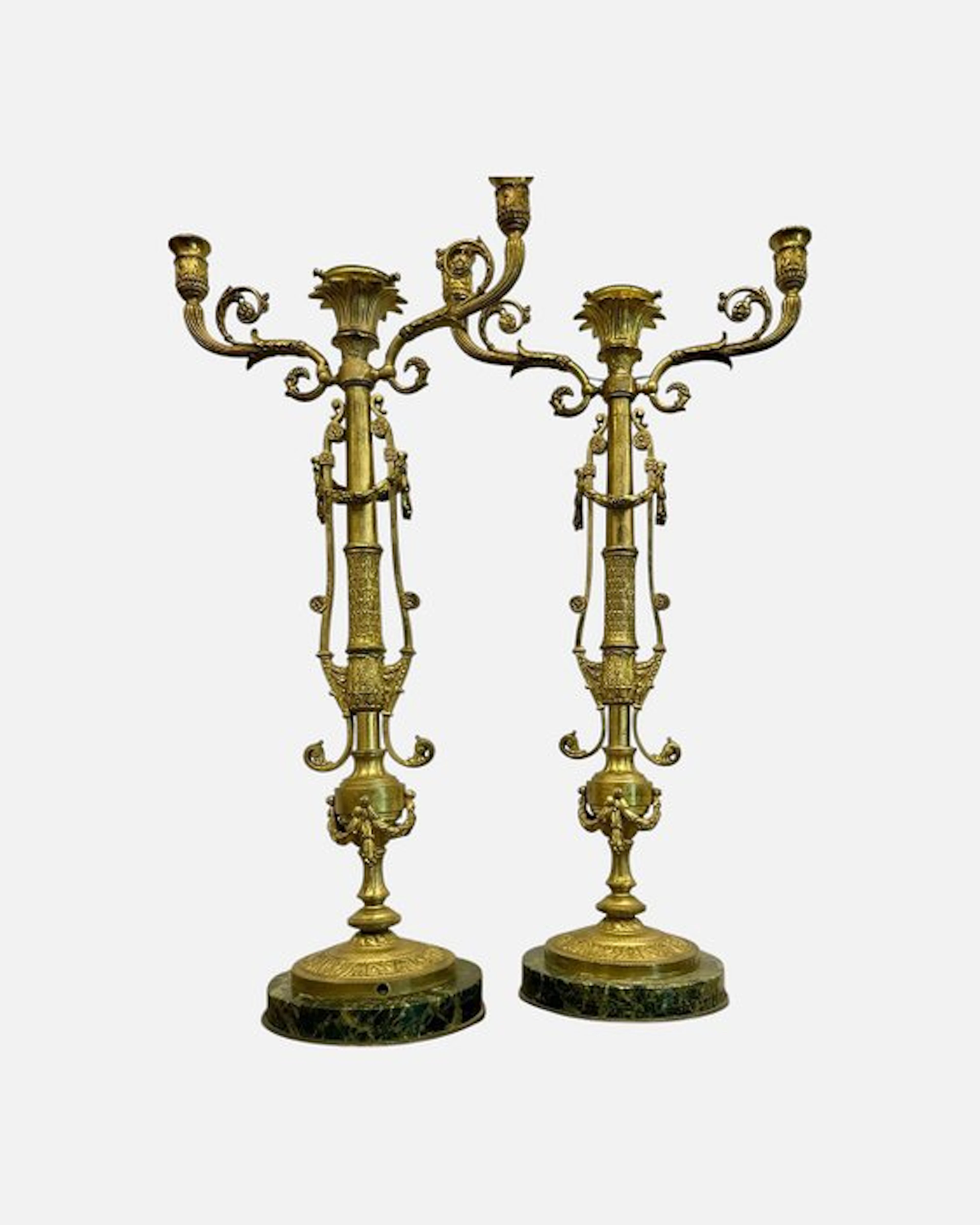 Candelabrum Large and Antique 3-Light Candelabra (Pair) (2) - Bronze, Marble