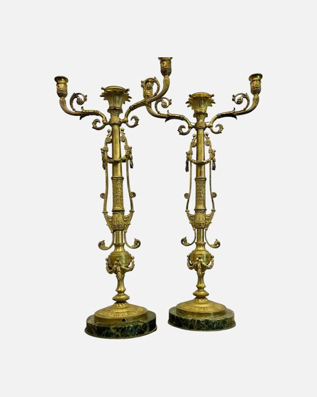 Candelabrum Large and Antique 3-Light Candelabra (Pair) (2) - Bronze, Marble