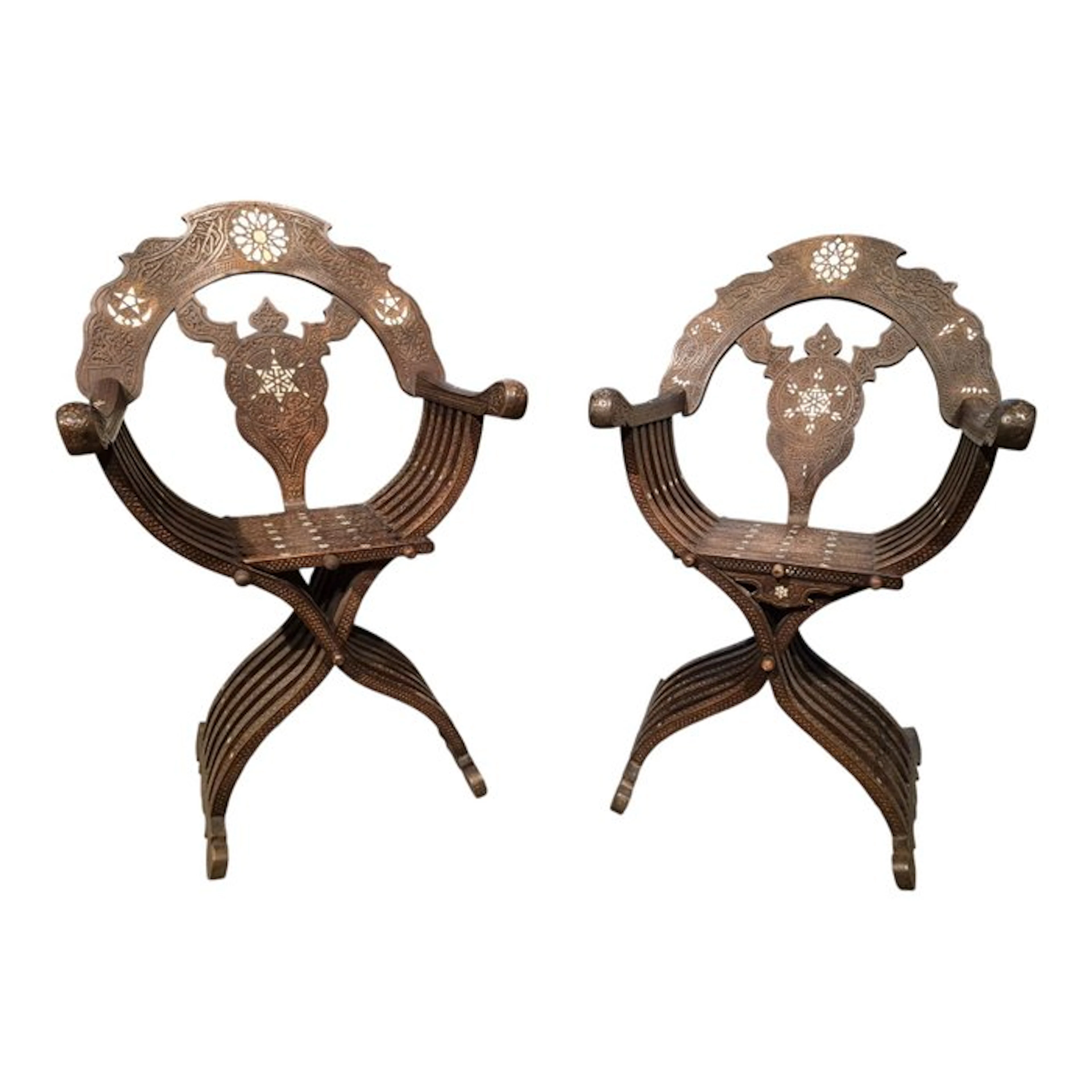 Pair of Savonarola chairs in wood inlaid with mother-of-pearl