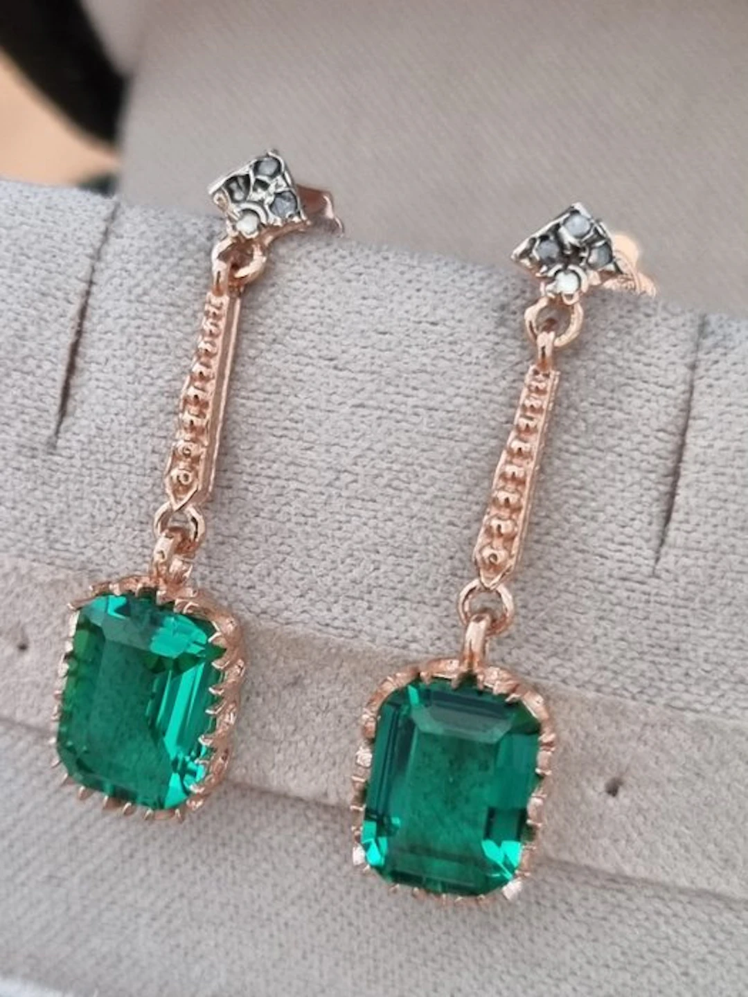 No reserve price - Earrings - 9 kt. Silver, Rose gold Emerald - Diamond