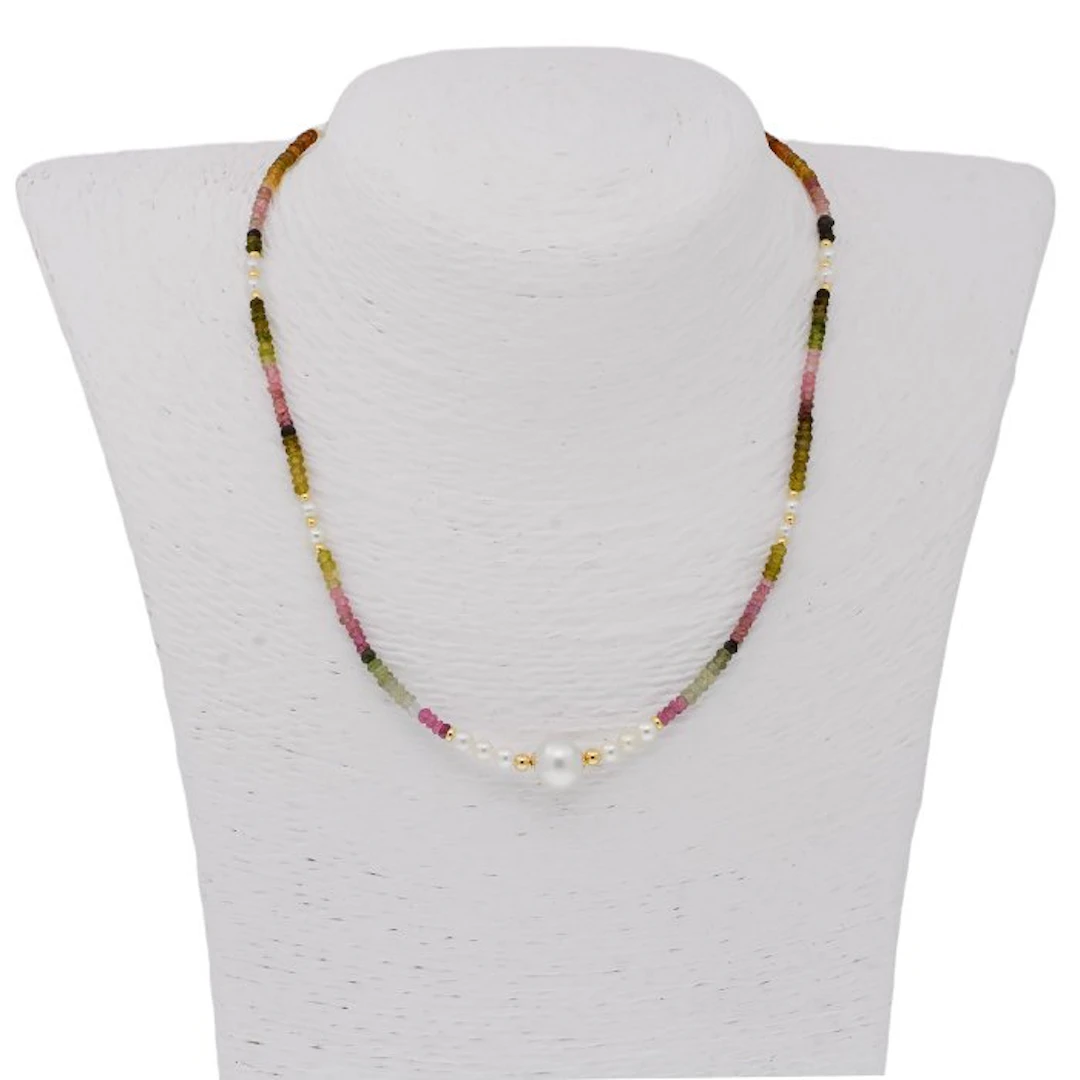 No reserve price - Necklace - 18 kt. Yellow gold Pearl - Tourmaline