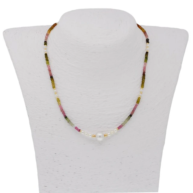 No reserve price - Necklace - 18 kt. Yellow gold Pearl - Tourmaline
