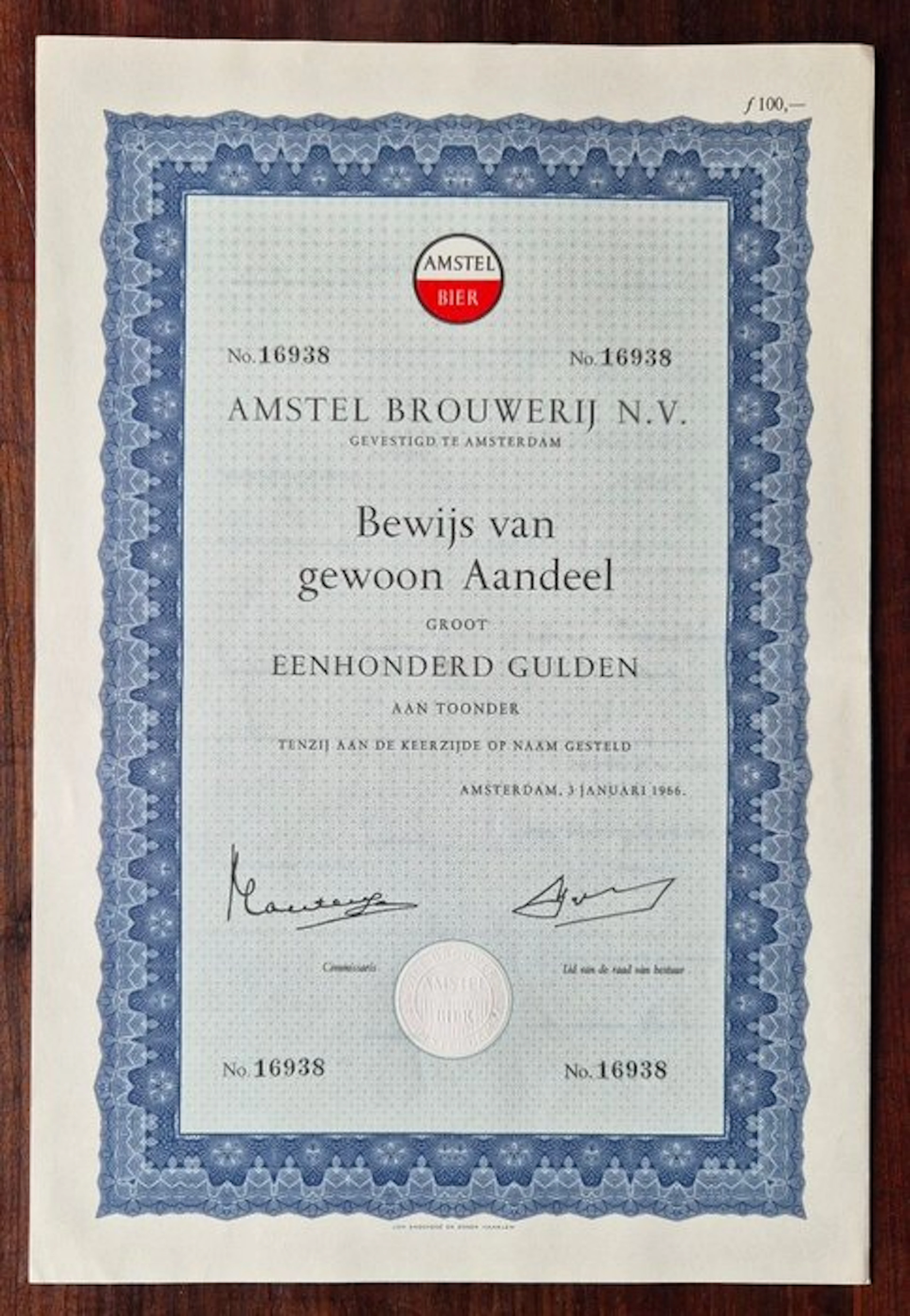 Netherlands. 100 Gulden - 1966 Amstel Brouwerij - aandeel