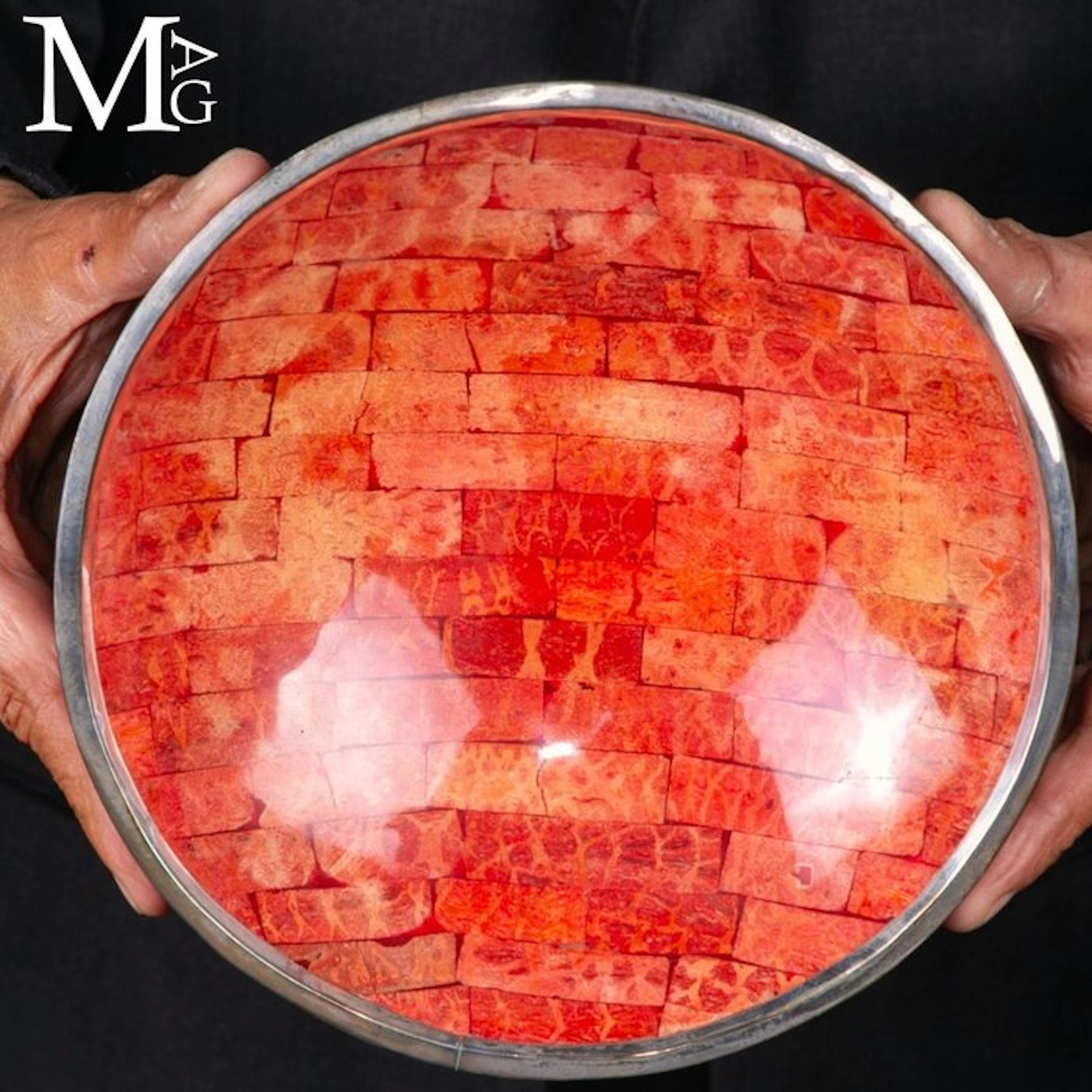 Artisanal Red Bamboo Coral Mosaic Elegant Round Bowl...