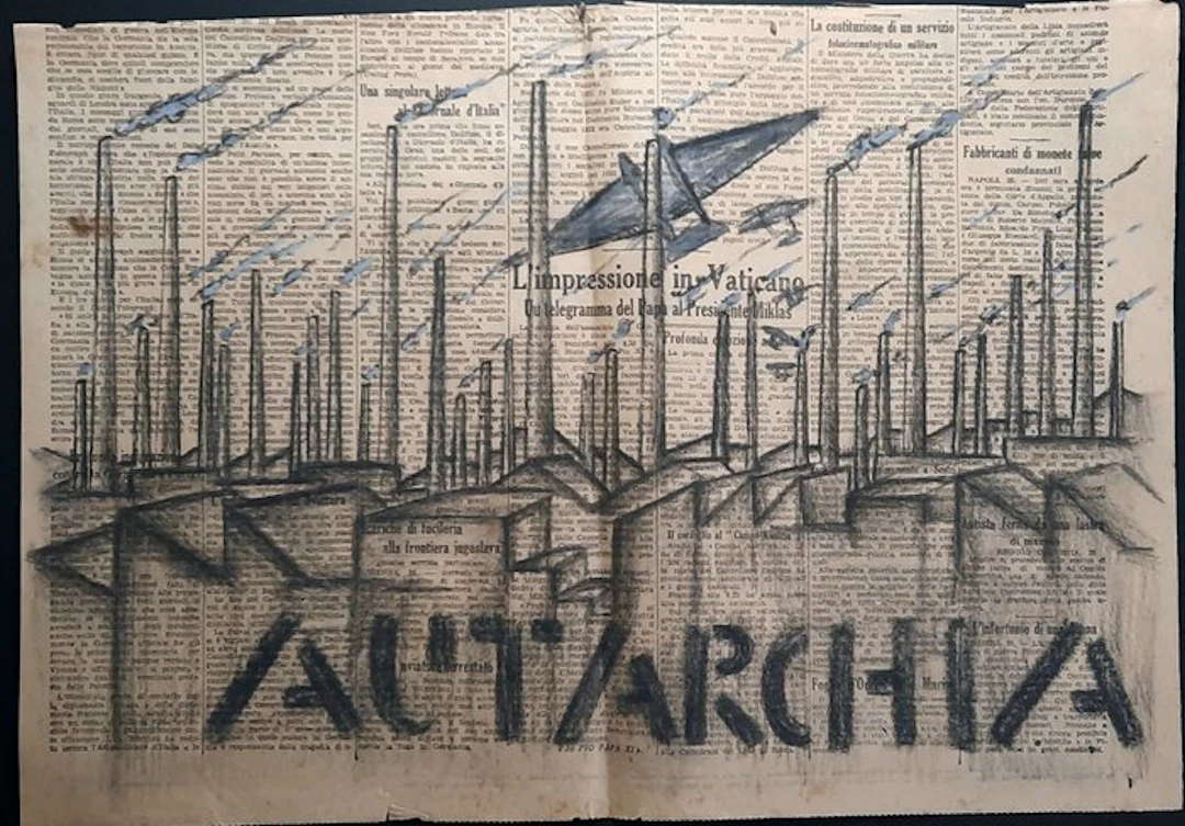 Scuola futurista (XX) - AUTARCHIA - Grande bozzetto propaganda fascista