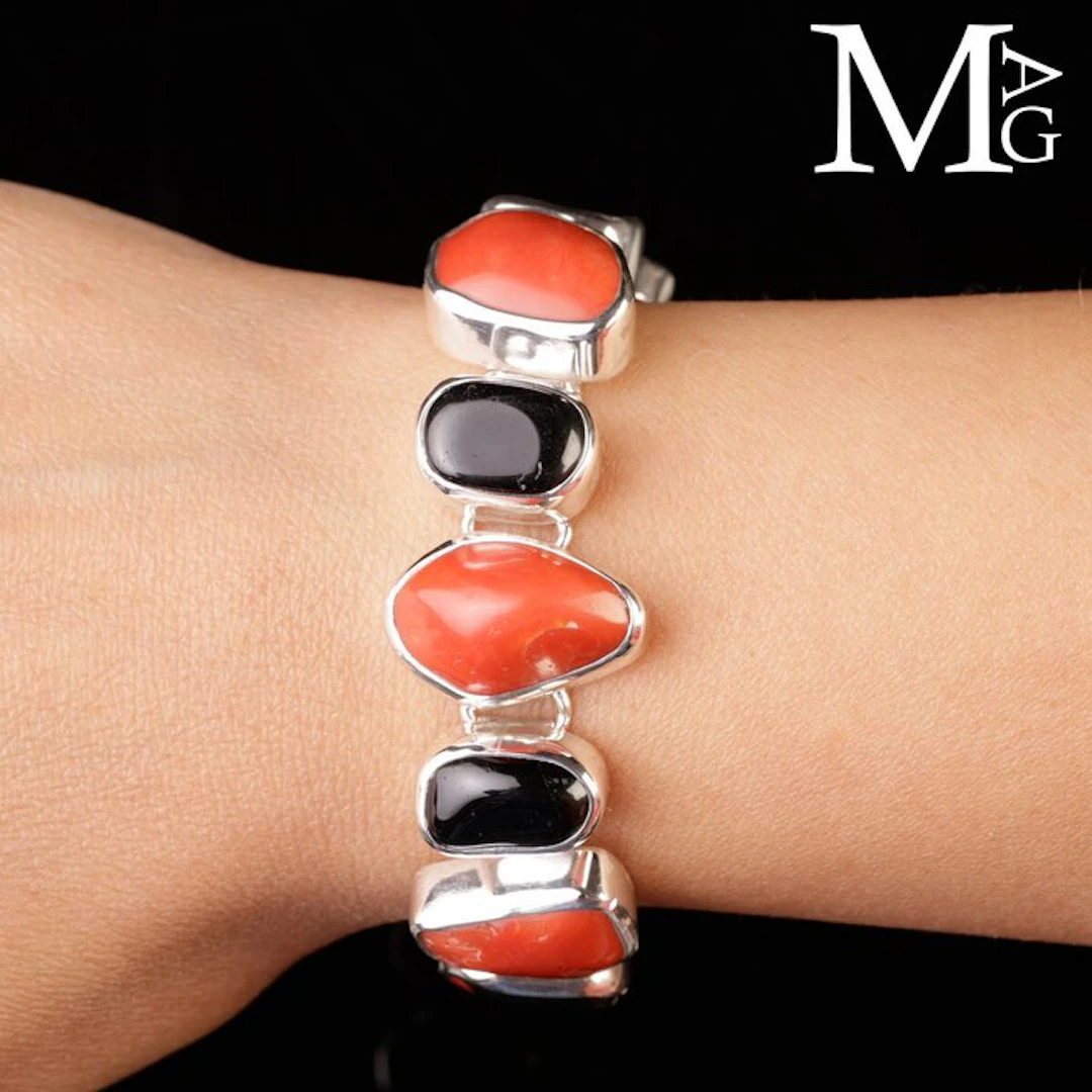 Silver Silver Bracelet with Red Coral and Black...