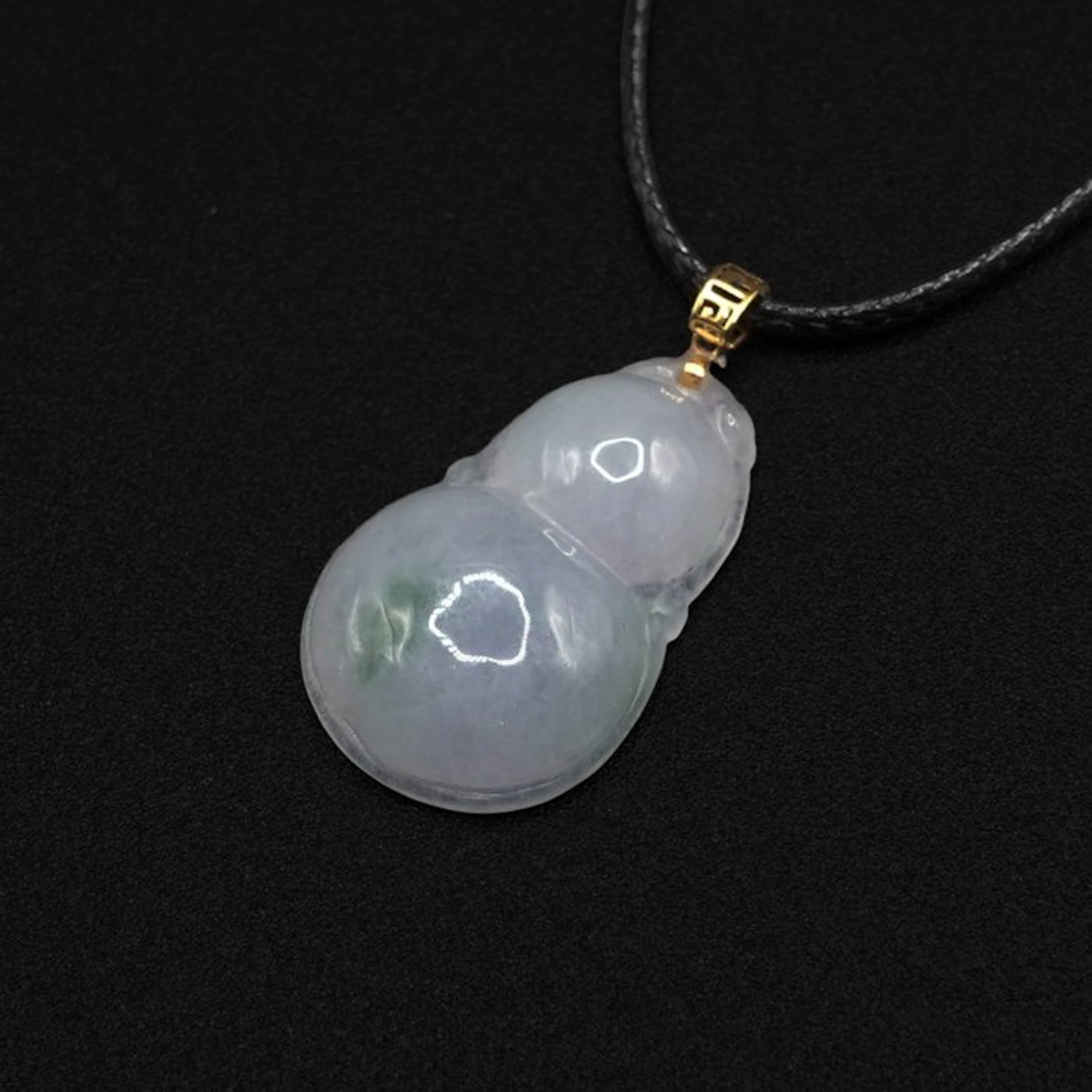 Natural Jadeite Hulu Carving Pendant with 18K Gold Bail - Symbol of Health