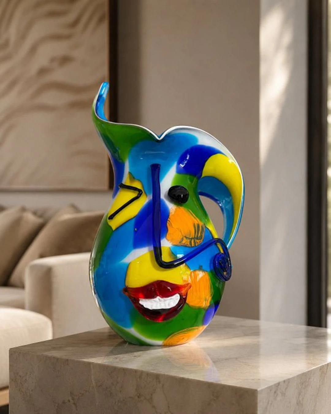 Vase - Mouth-blown sculptural glass vase with an abstract face
