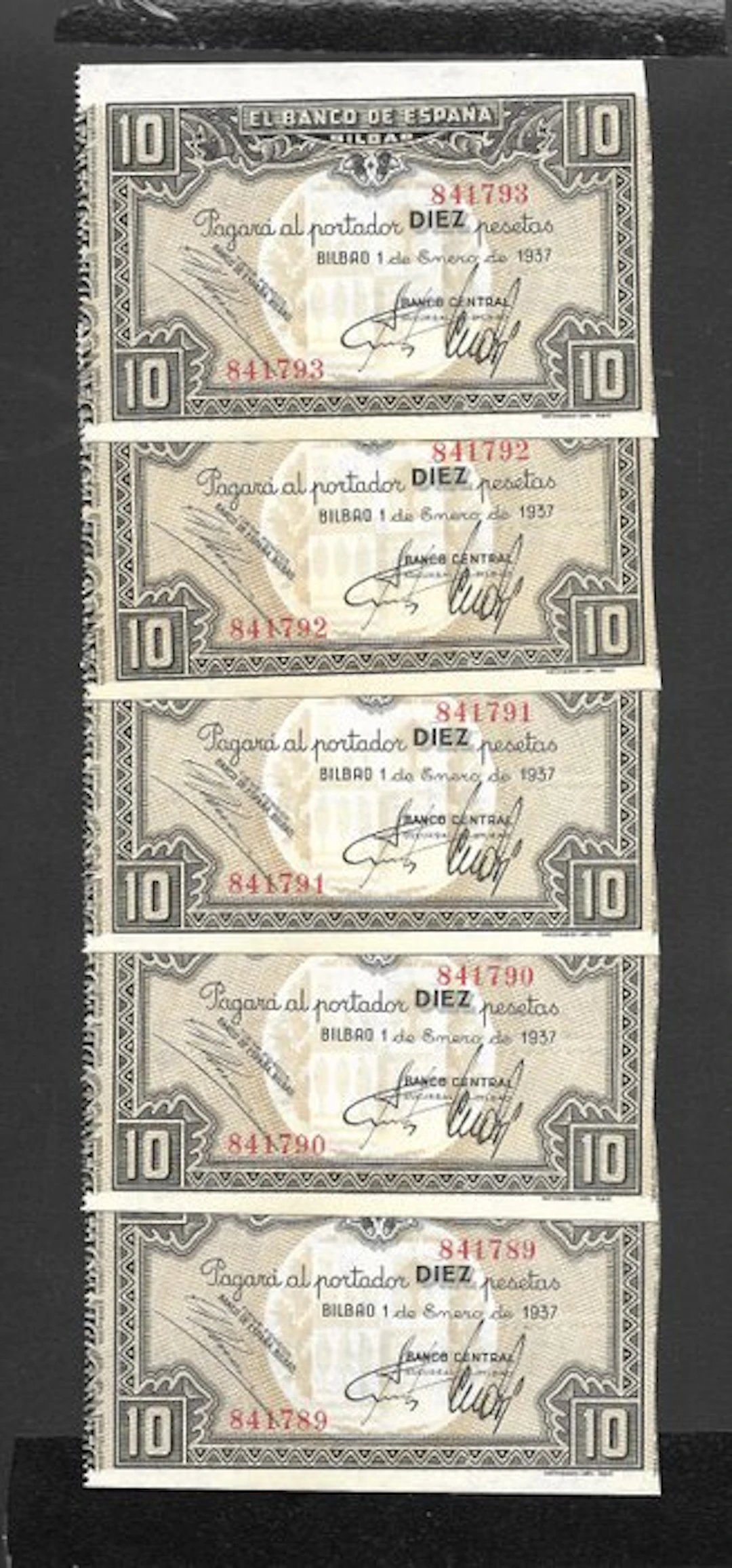 Spain. - 5 x 10 Pesetas - 1937- Consecutive (No reserve price)