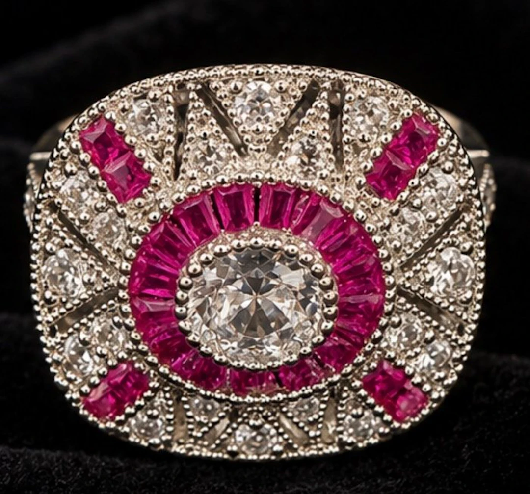 Exquisite 925 Sterling Silver Cocktail Ring Pink Baguette...