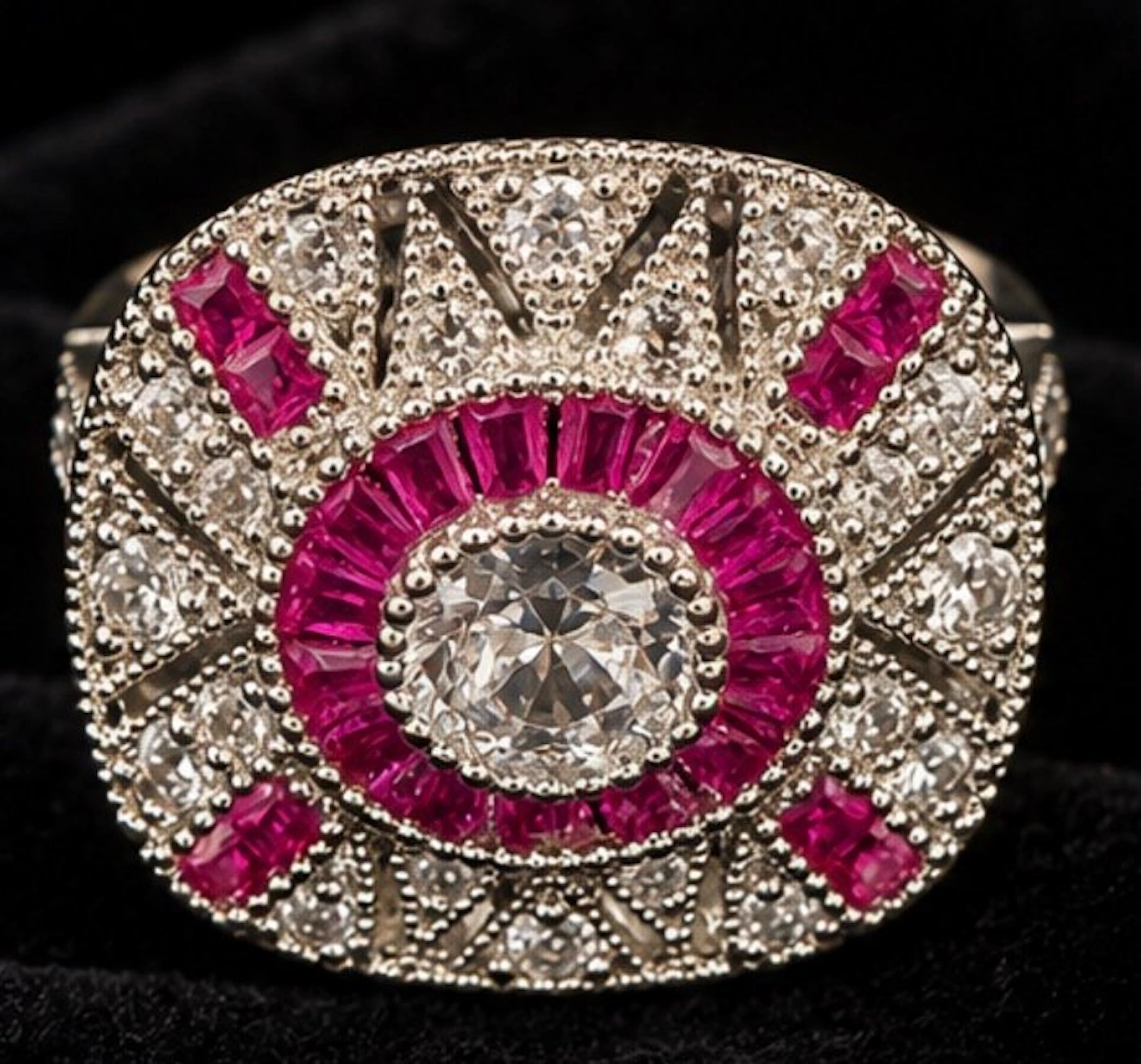 Exquisite 925 Sterling Silver Cocktail Ring Pink Baguette...