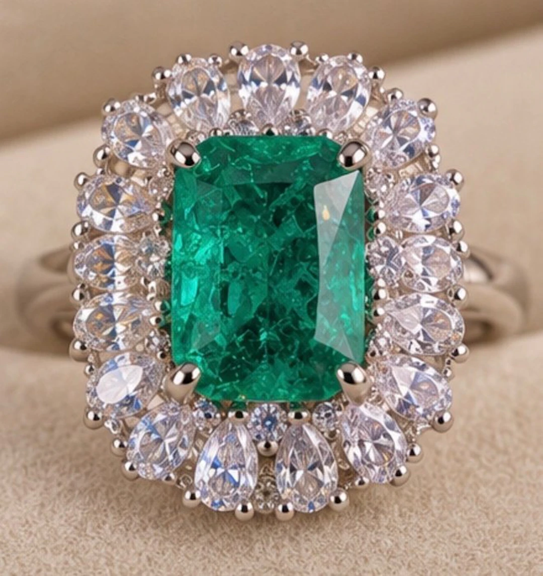 Elegant 925 Sterling Silver Green Halo Ring - Ring