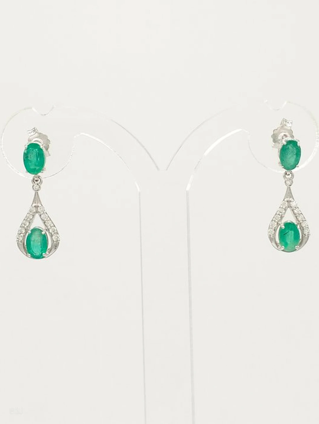 No reserve price - Earrings - 14 kt. White gold Emerald - Diamond