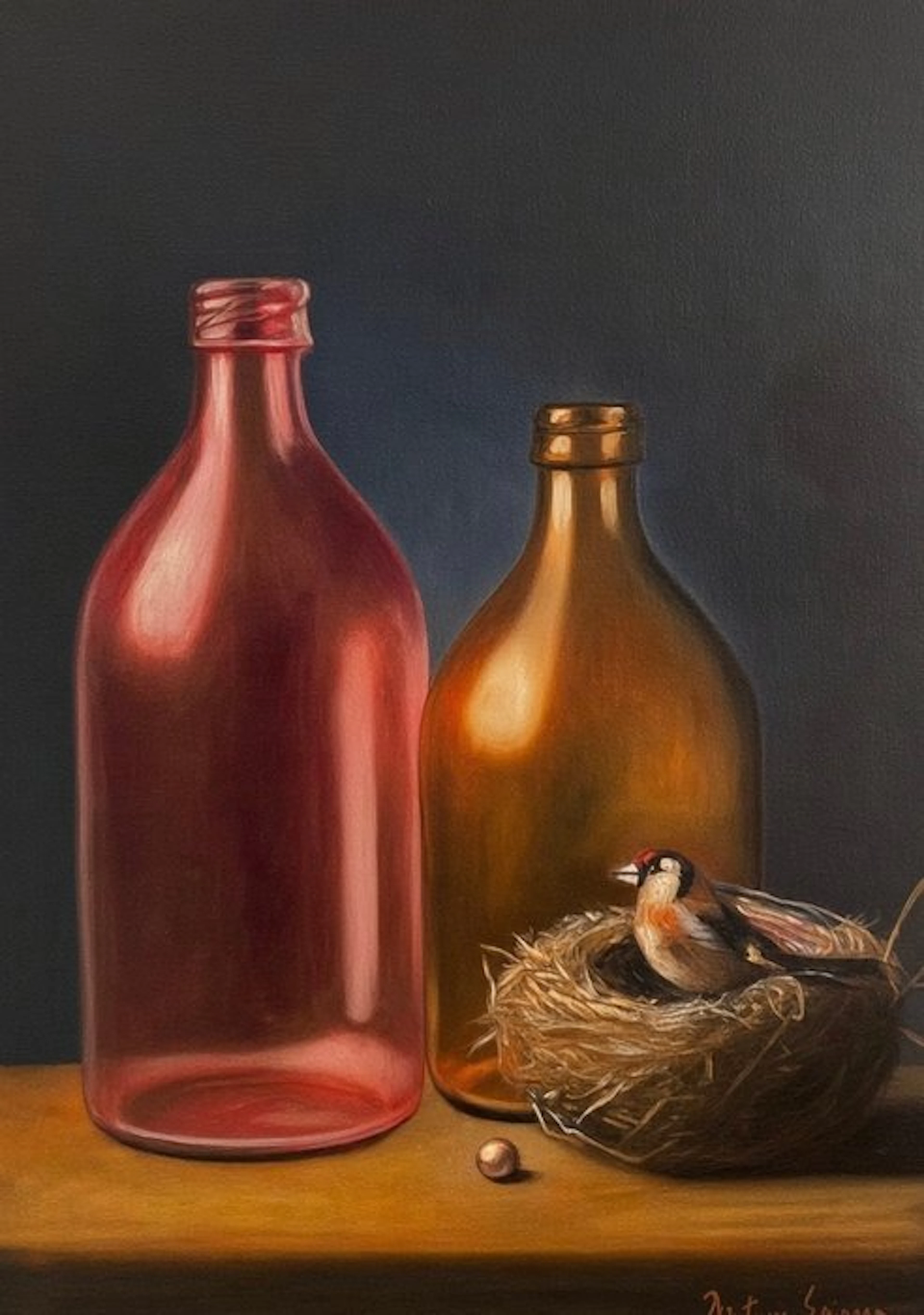Antonio Sciacca (1957) - Natura morta con bottiglie, nido e cardellino