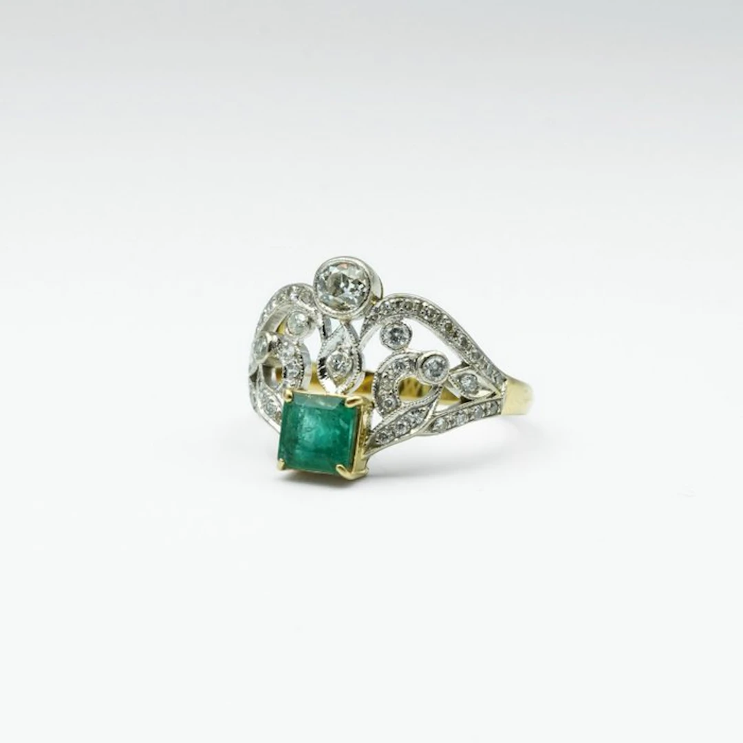 Ring - 18 kt. Yellow gold, White gold Emerald