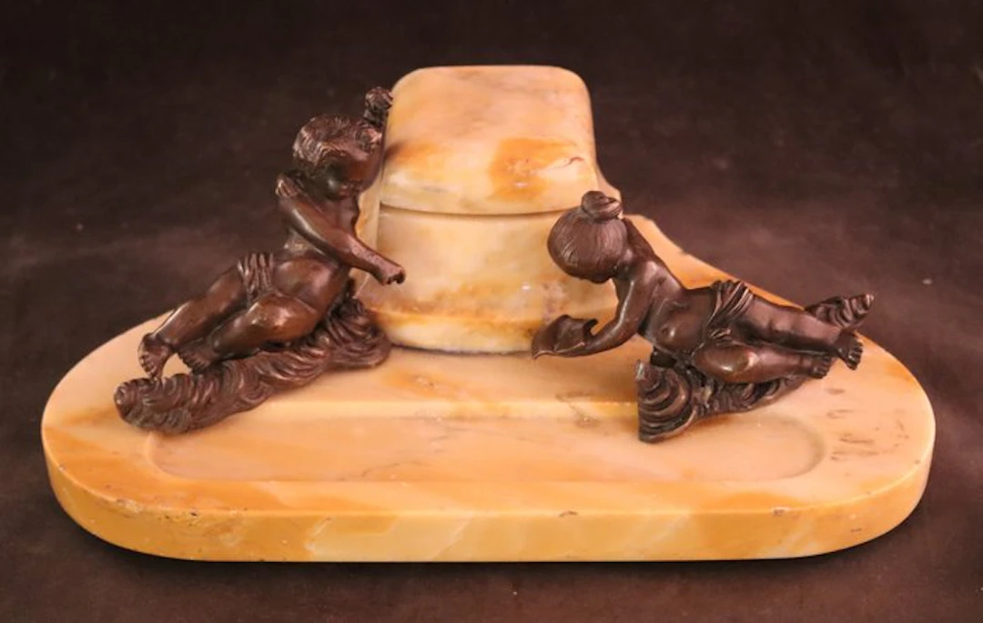 Antieke inktstel met putti - Inkwell - Bronze, Marble