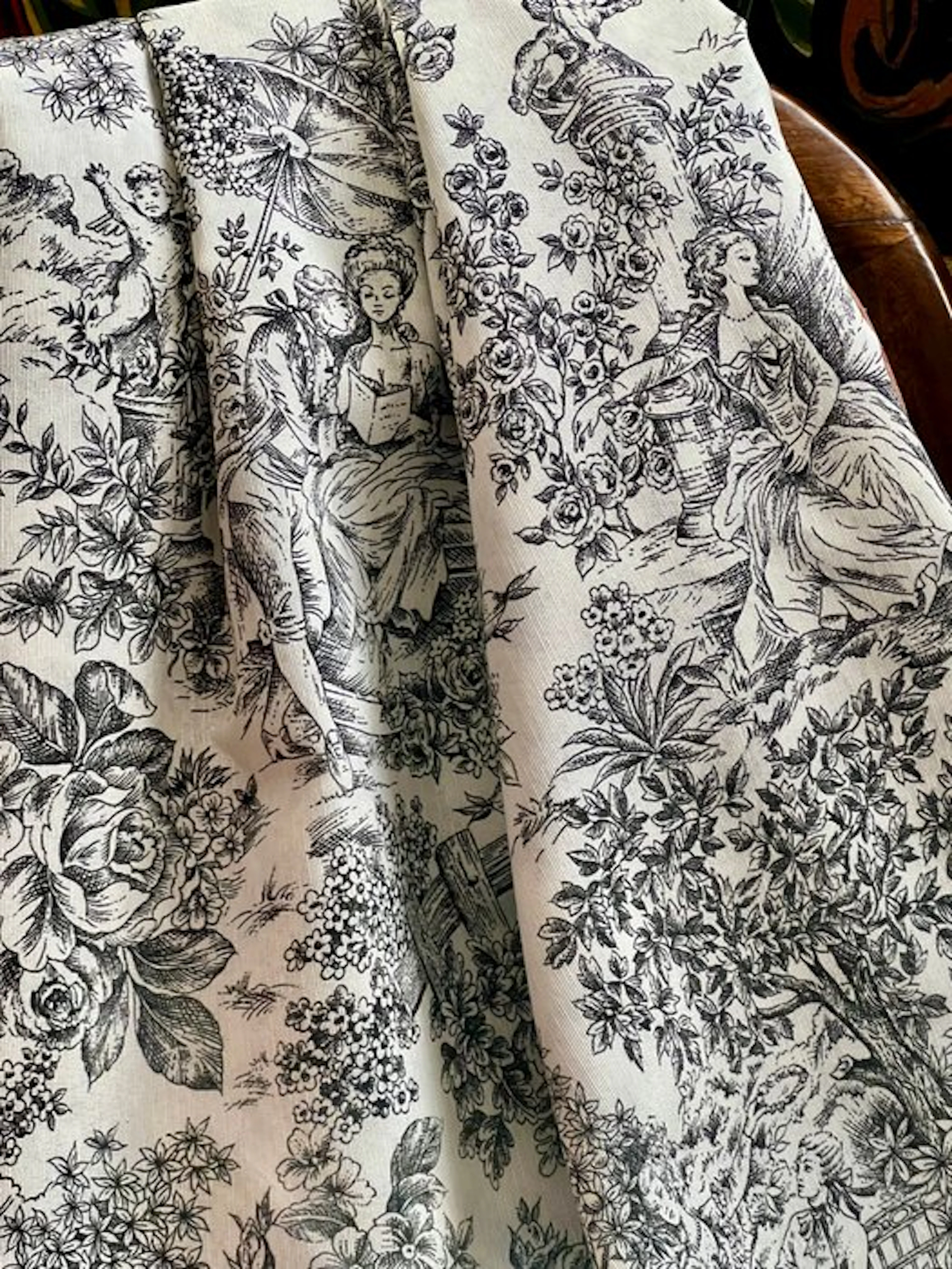 Five meters of double-width white and black Toile de Jouy...