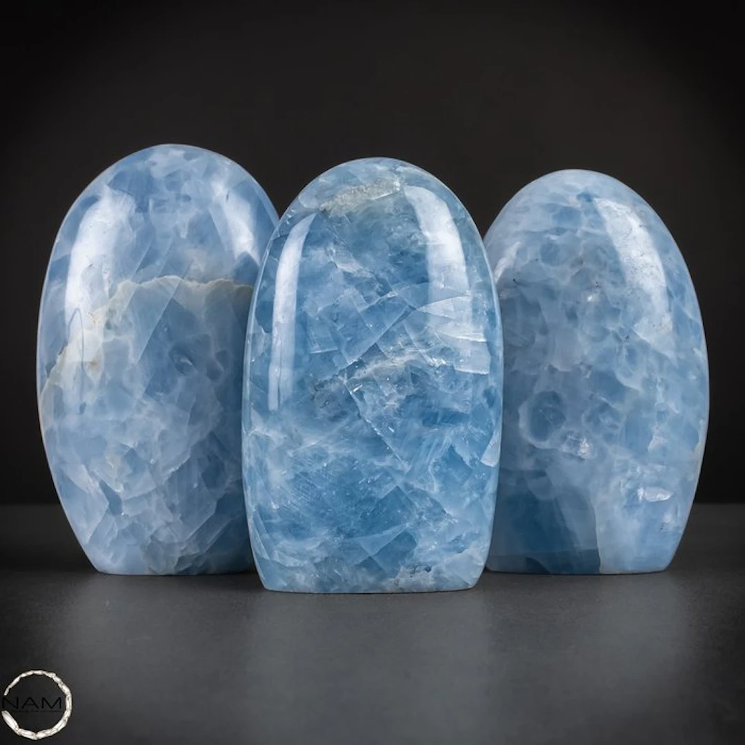 Blue Calcite freeform shapes – Calming trio in gentle...