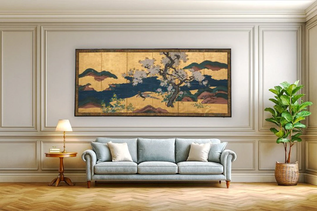 Folding screen with Kanô School-style spring landscape - Paper