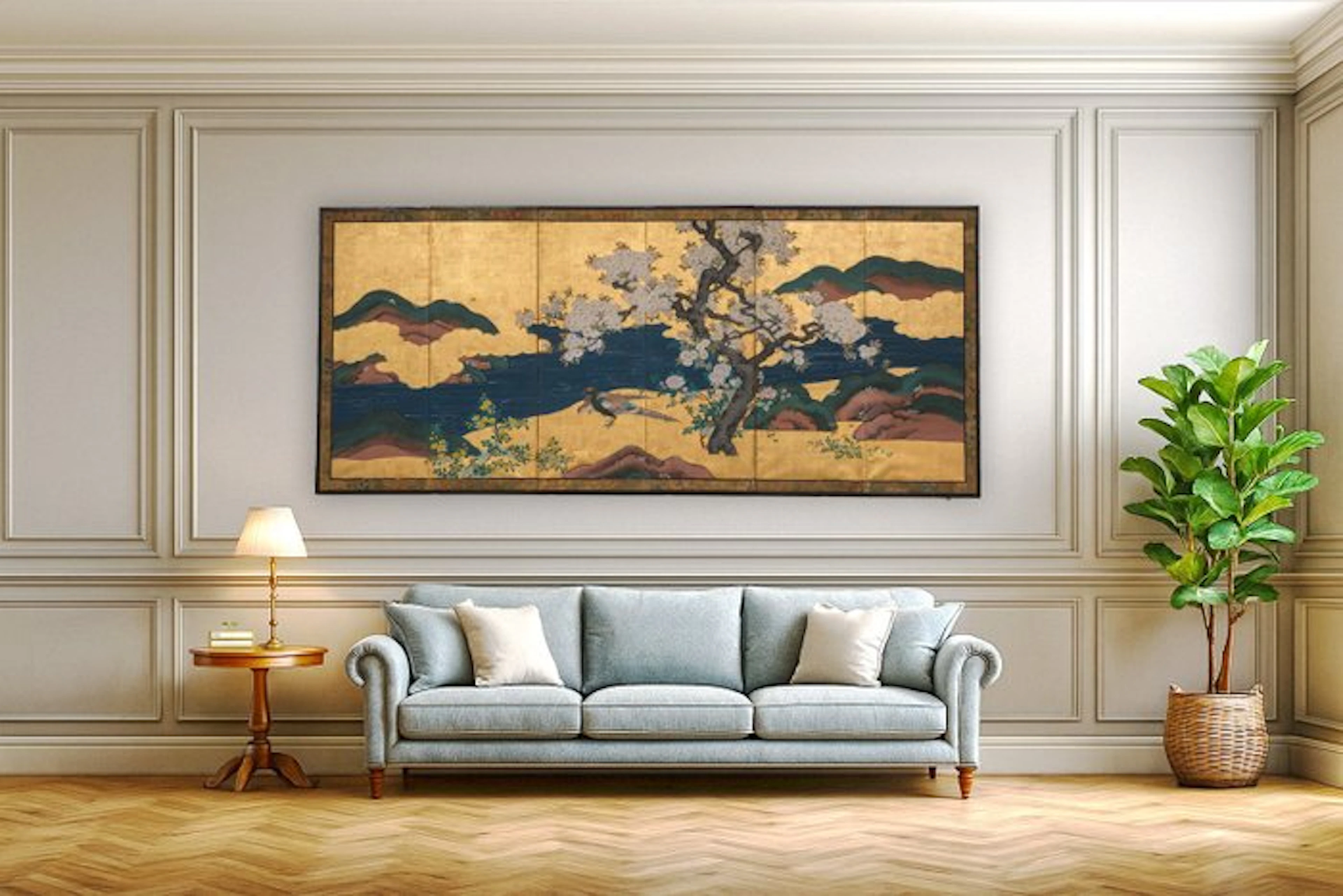 Folding screen with Kanô School-style spring landscape - Paper