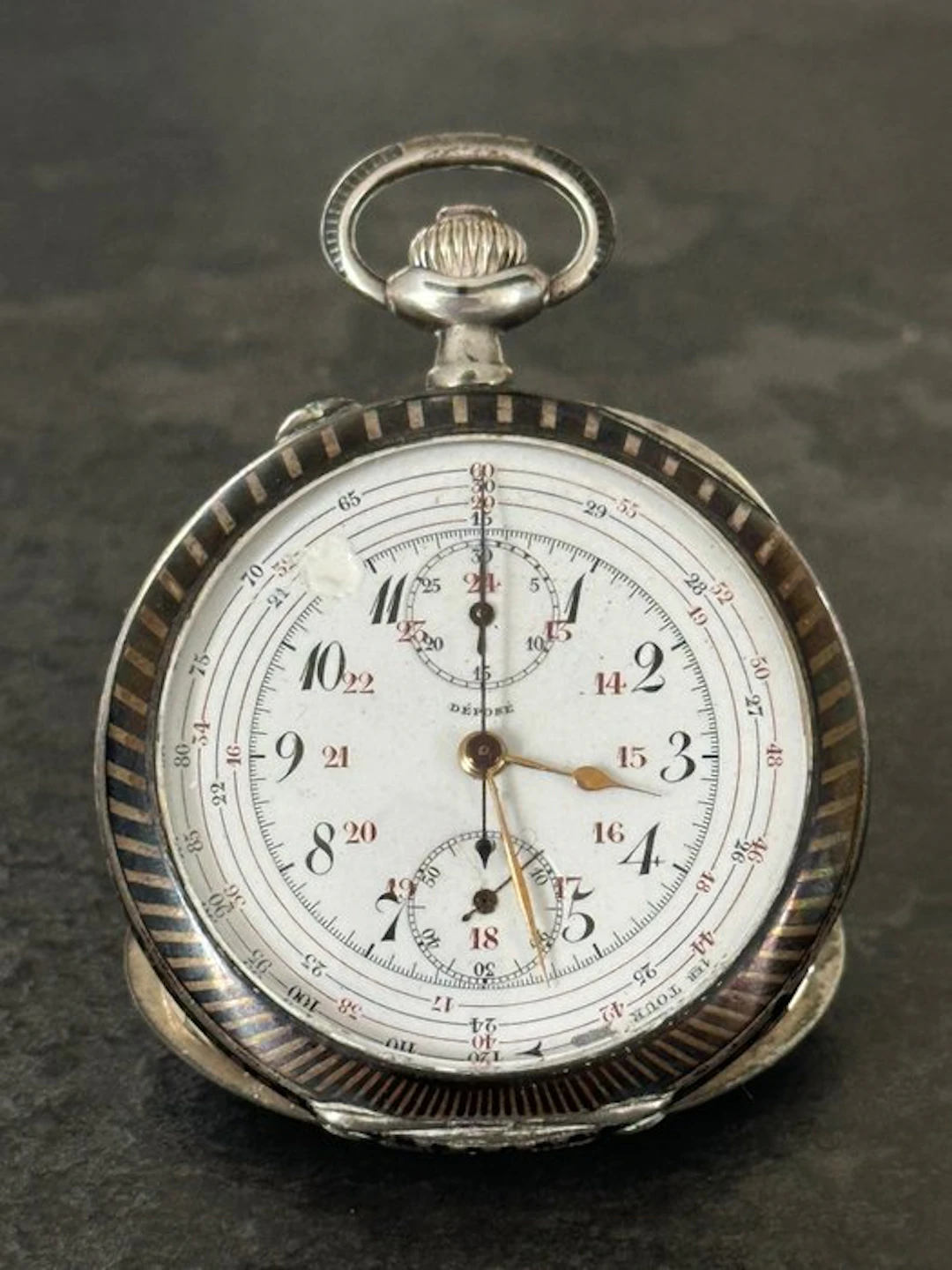Anonyme - Montre de poche Chronographe Mono poussoir - Argent Niellé