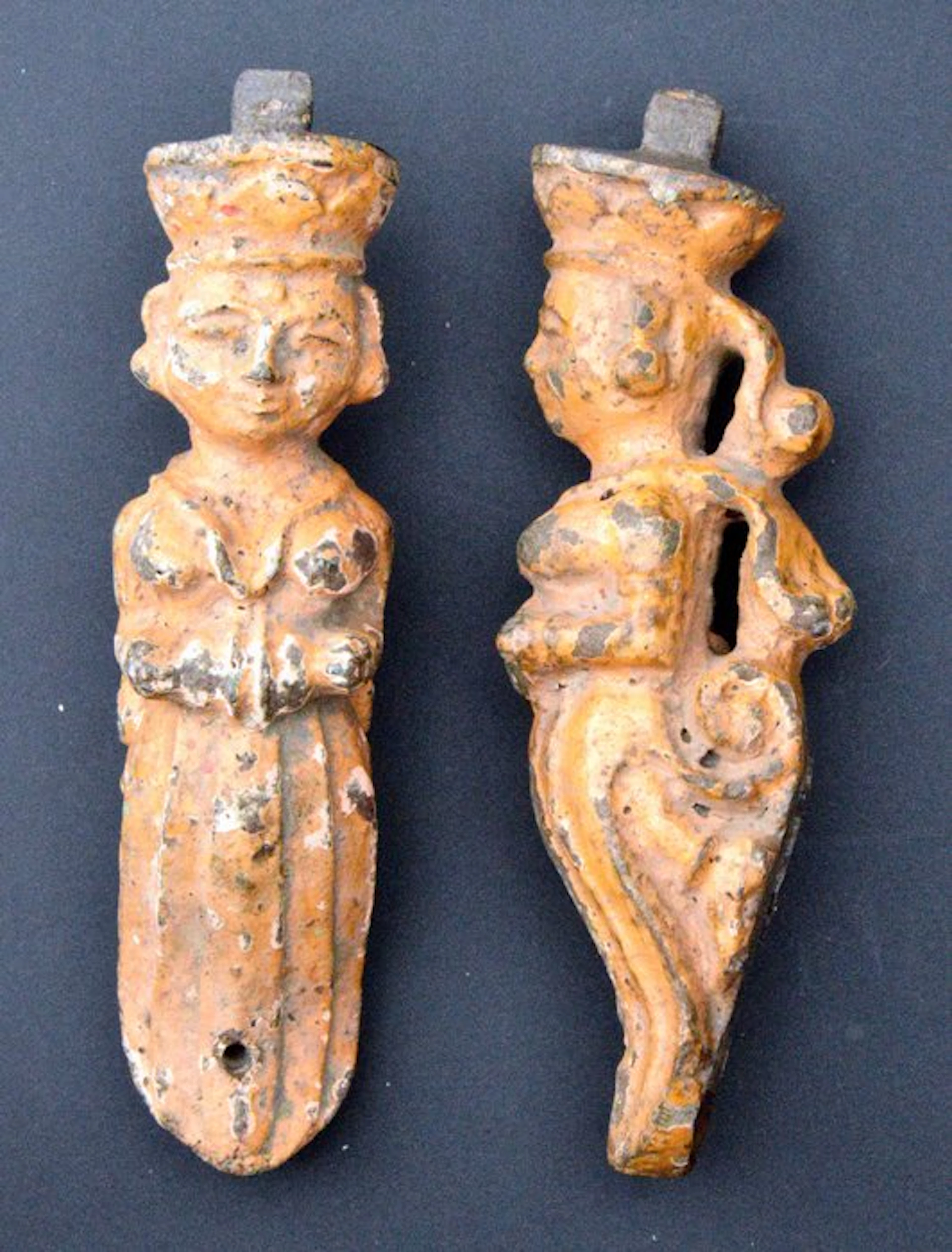 Statue, Paire de musciennes gardiennes de temple - 17 cm - Teak - 1850
