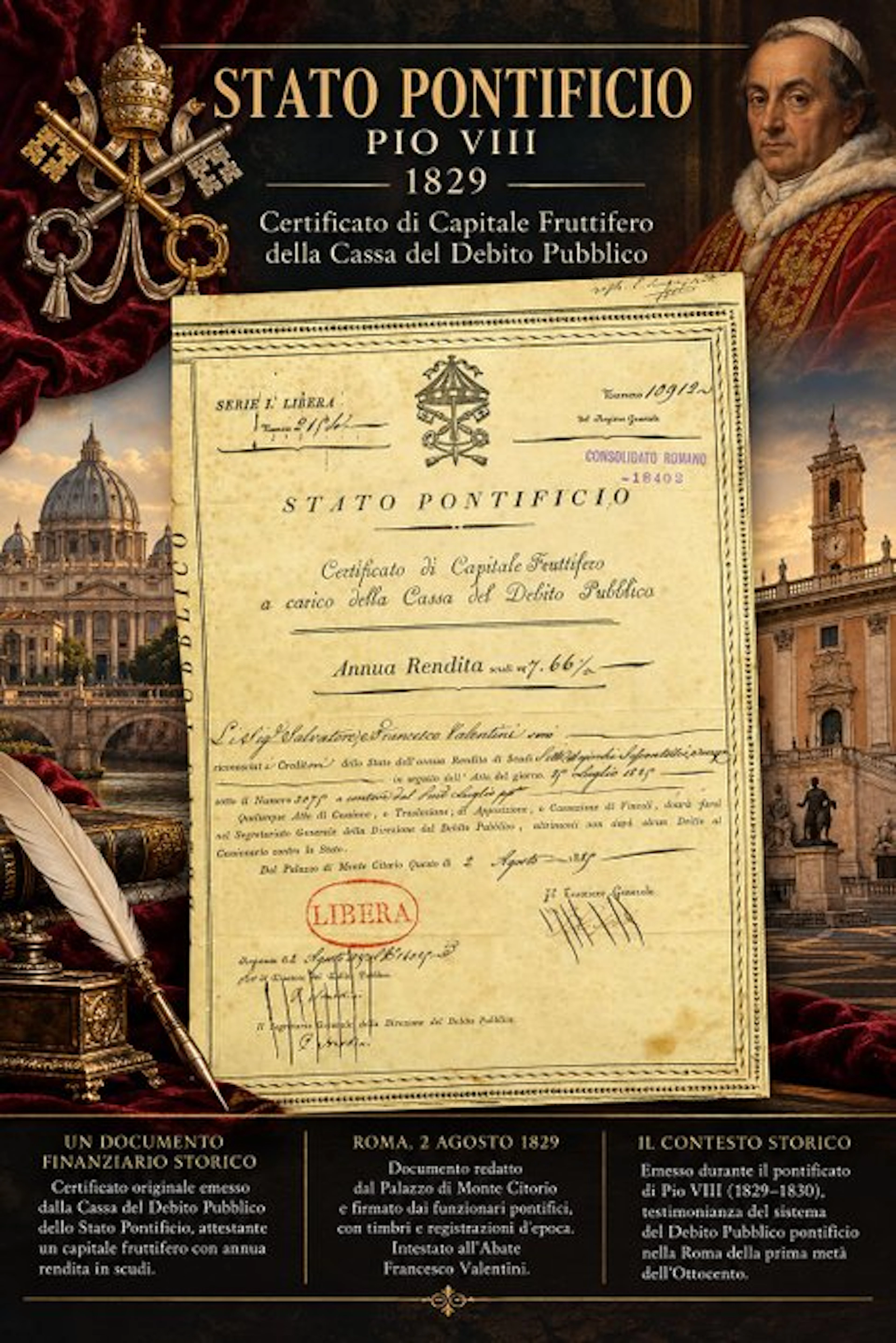 Italy. - 7,66 Scudo Stato Pontificio – Certificato di...