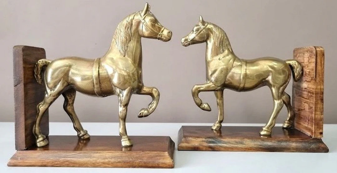 Bookends - Brass, Wood - Rearing Horses