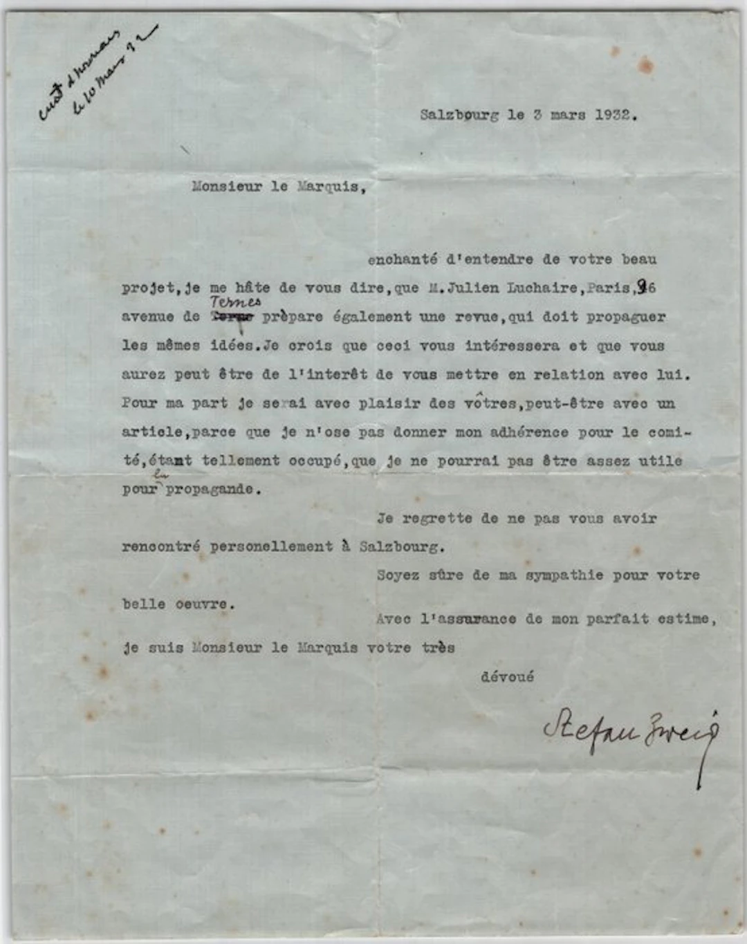 Stefan Zweig - Lettre dactylographiée signée - Julien Luchaire