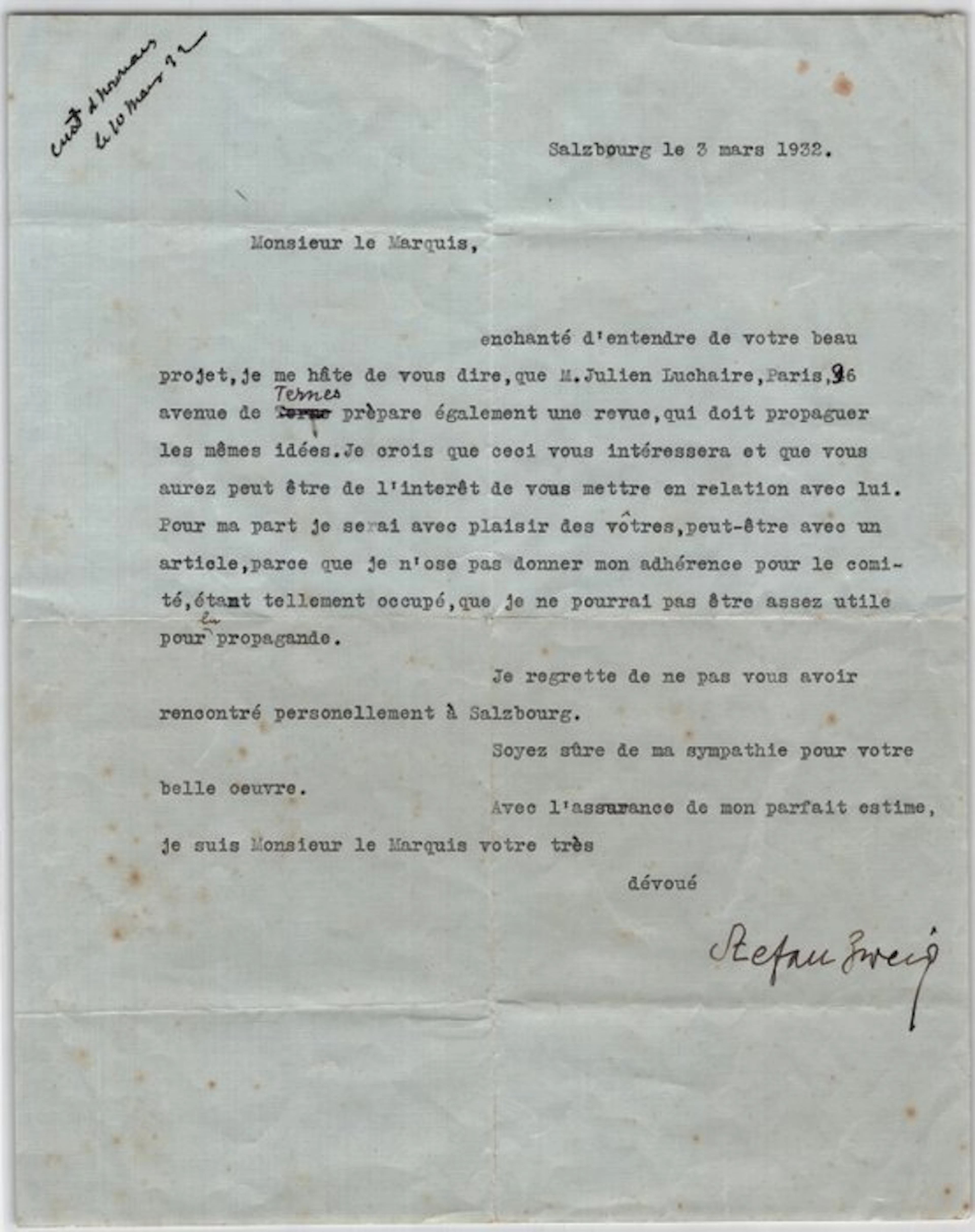Stefan Zweig - Lettre dactylographiée signée - Julien Luchaire