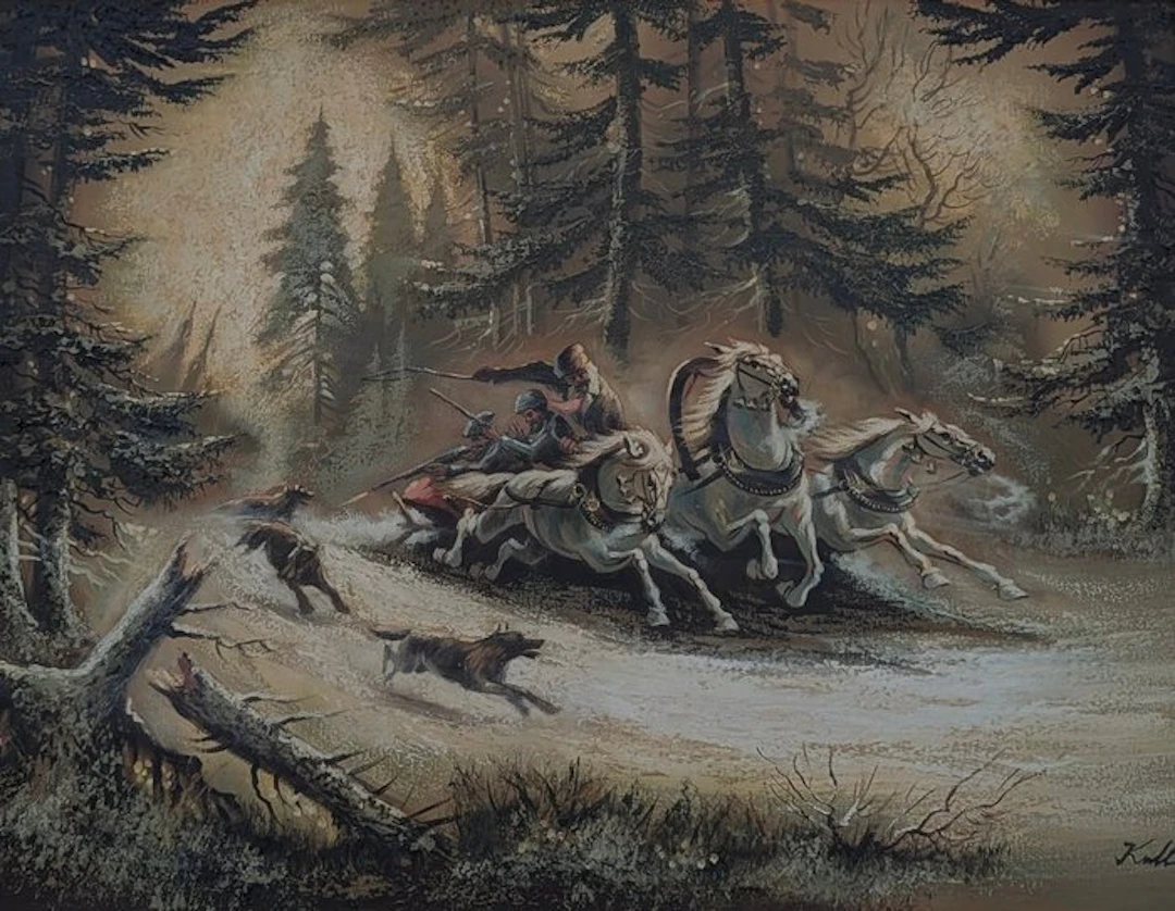 Koller (XX) - Jagd- / Troika-Szene im tiefen verschneiten Wald