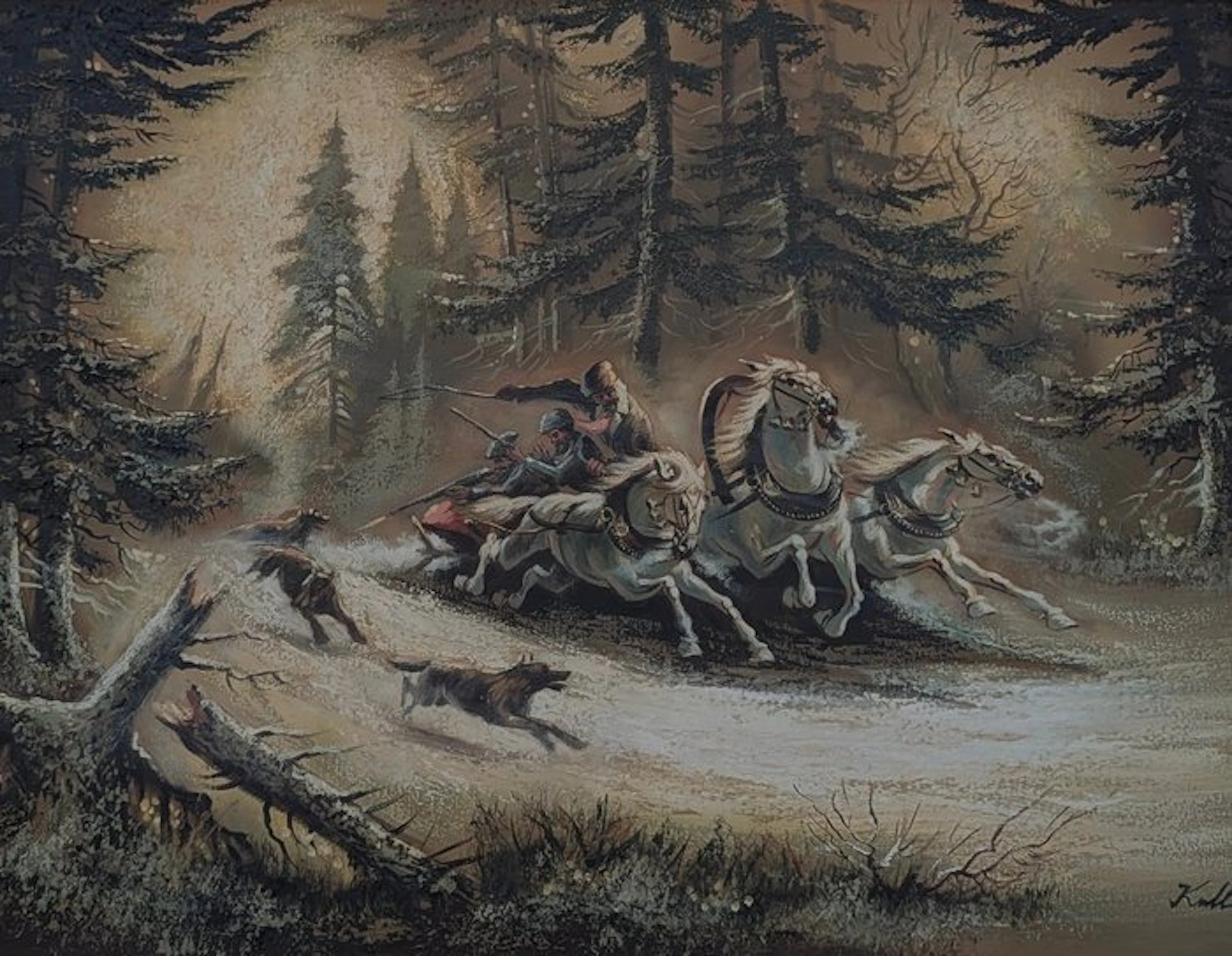Koller (XX) - Jagd- / Troika-Szene im tiefen verschneiten Wald