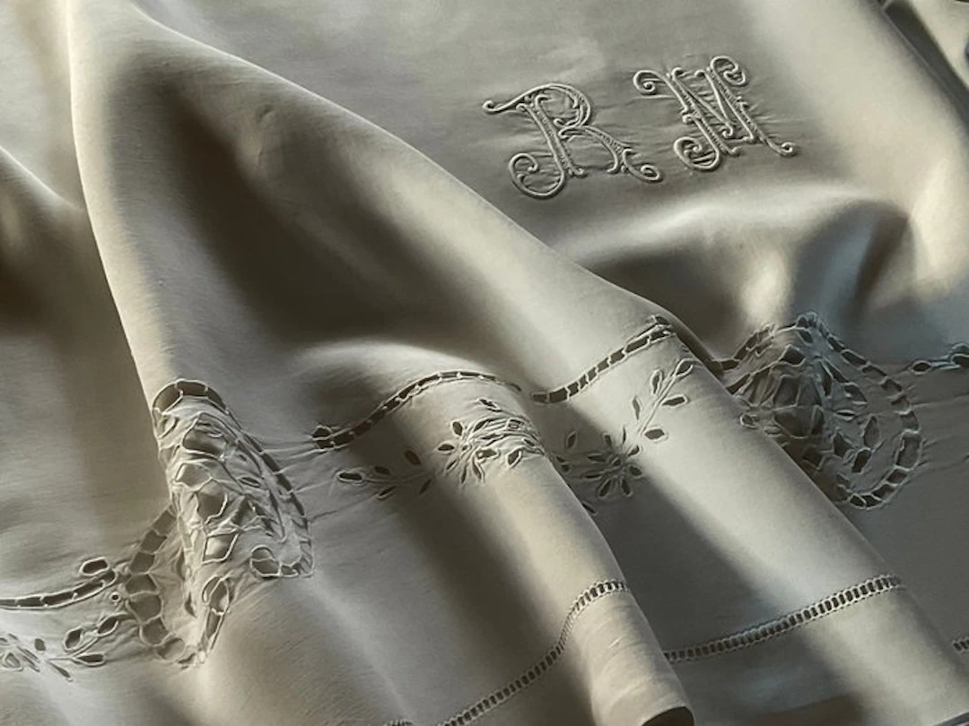 End XIXth Century Richelieu bed linen with R.M