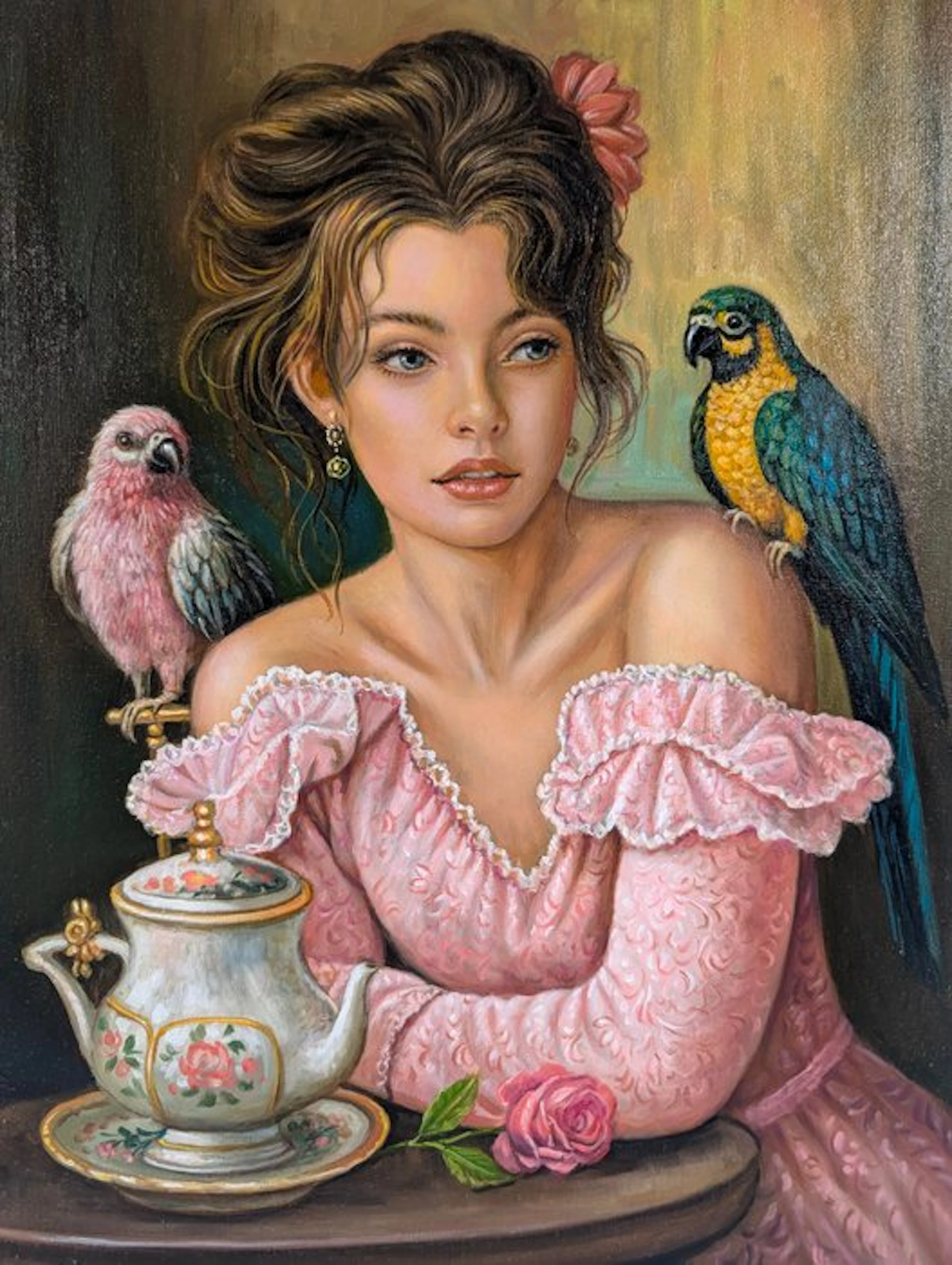 Giorgio Vitale (XX-XXI) - Dama in rosa con pappagalli