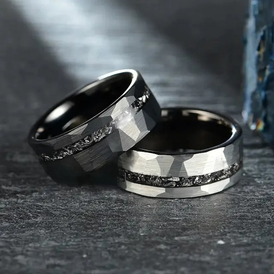 (Ideal for couples!) x 2 TUNGSTEN RINGS with METEORITE INLAYS