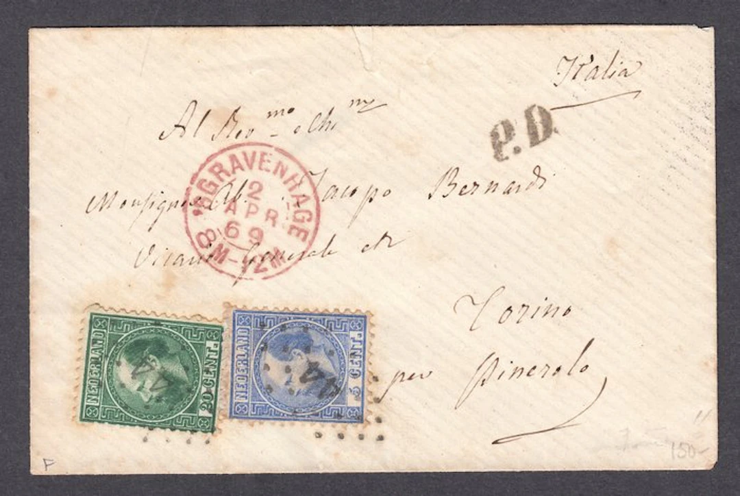 Netherlands 1867 - King William III, mail piece with NVPH 7 and 10 to Turin